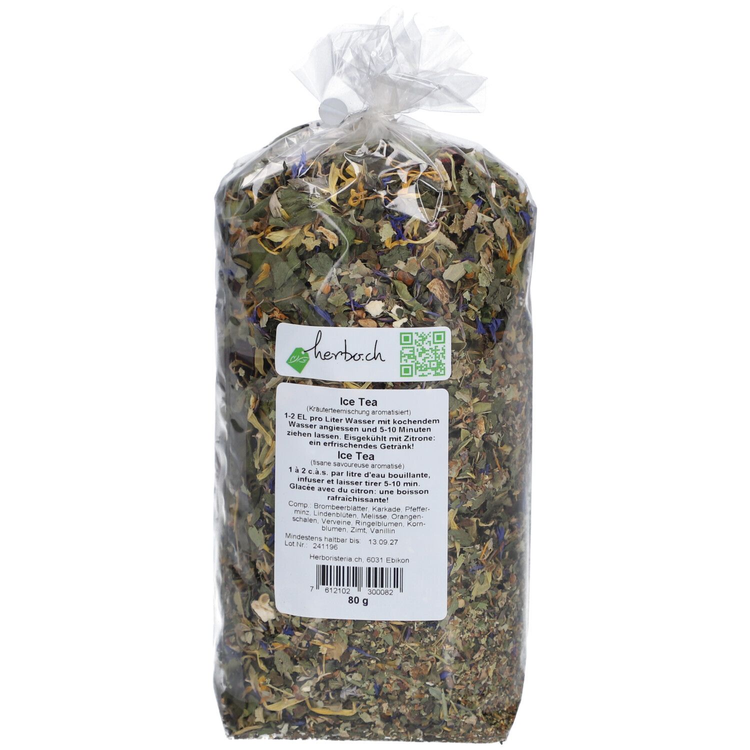 Sachet transparent d'herbes. Étiquette avec texte et QR code. Inscription "Ice Tea".