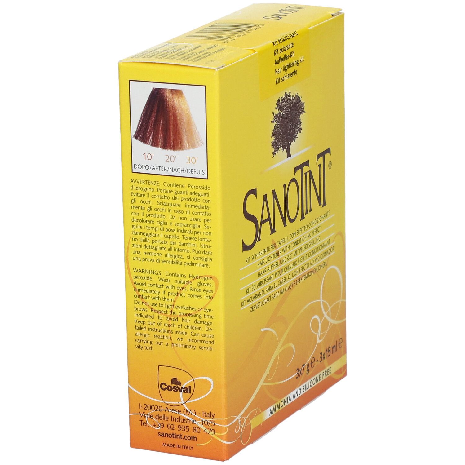 Gelbe Schachtel SANOTINT mit Logo und Text. Enthält eine Abbildung der Farbergebnisse. Text: "Ammonia and silicone free".
