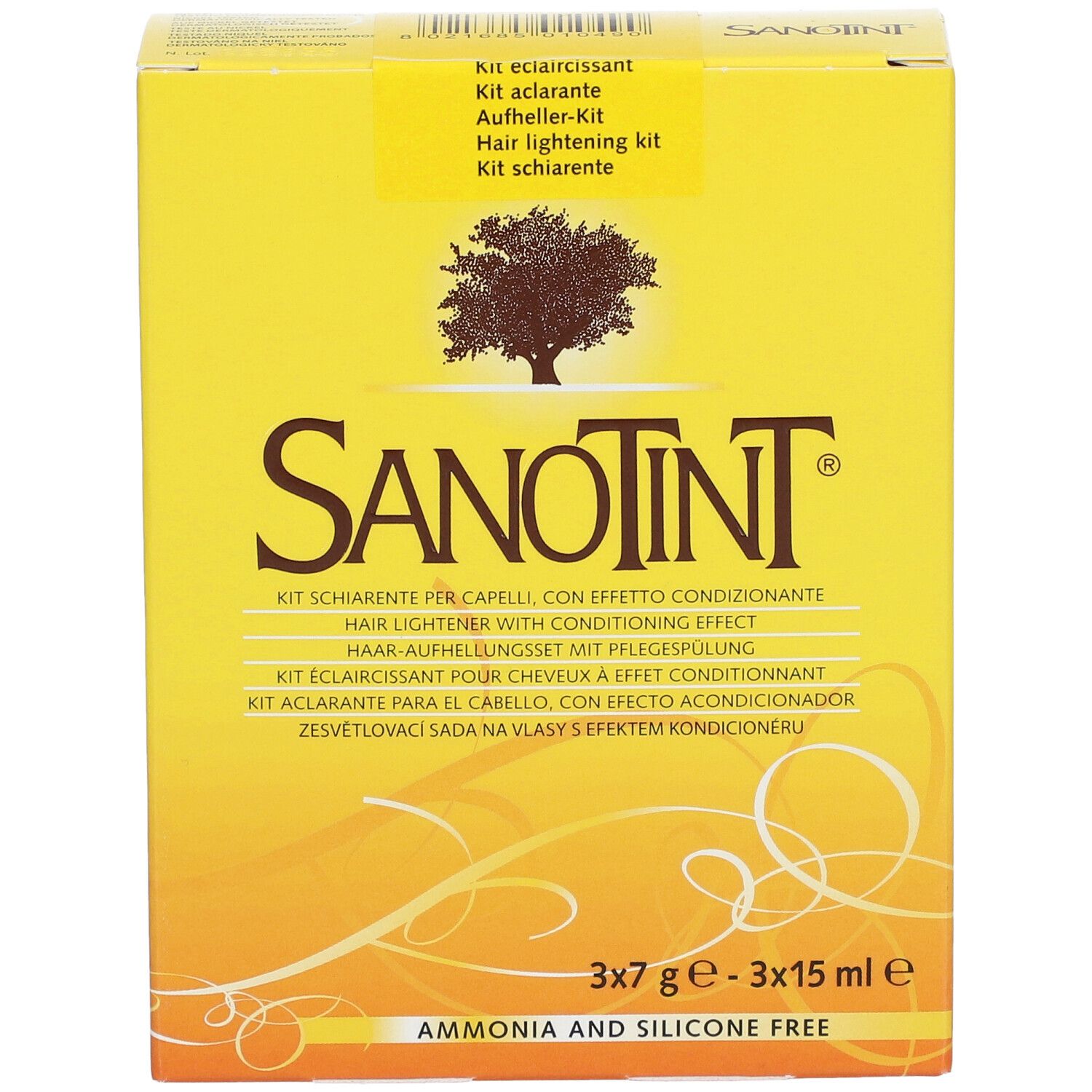 Gelbe Schachtel SANOTINT mit Logo und Produktbezeichnungen. Enthält 3x7g und 3x15ml. "Ammonia and silicone free".
