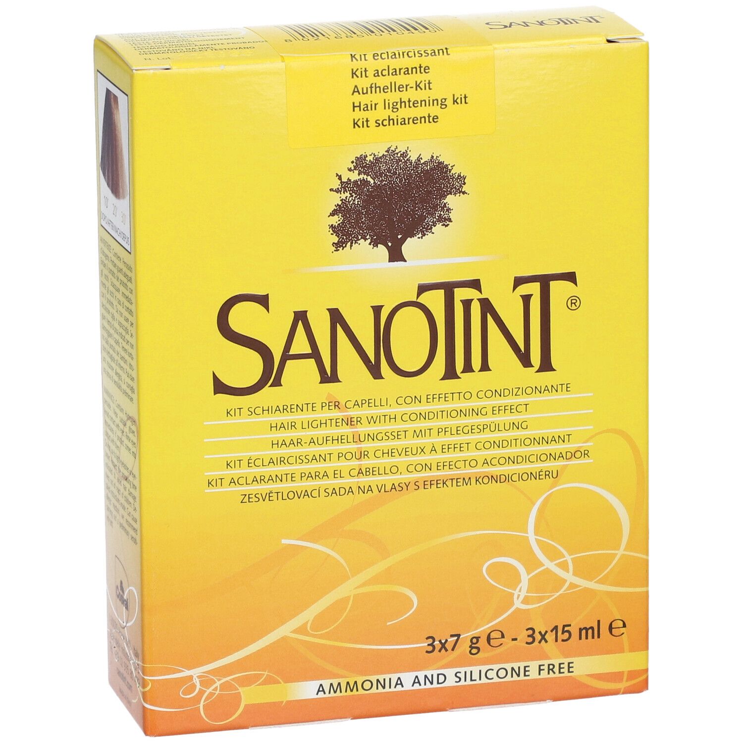 Gelbe Schachtel SANOTINT mit Logo und Produktbezeichnungen. Enthält 3x7g und 3x15ml. "Ammonia and silicone free".