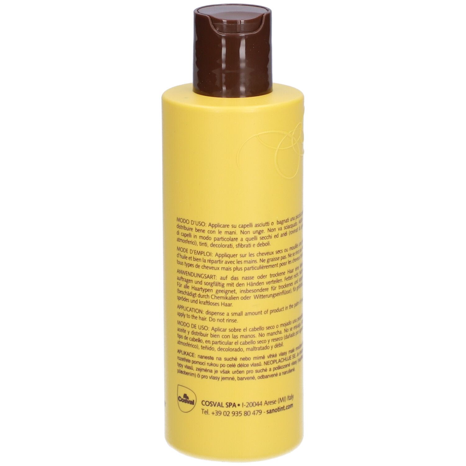 Gelbe Flasche mit braunem Deckel. Rückseite mit Text in mehreren Sprachen, darunter Anwendungsanweisungen.