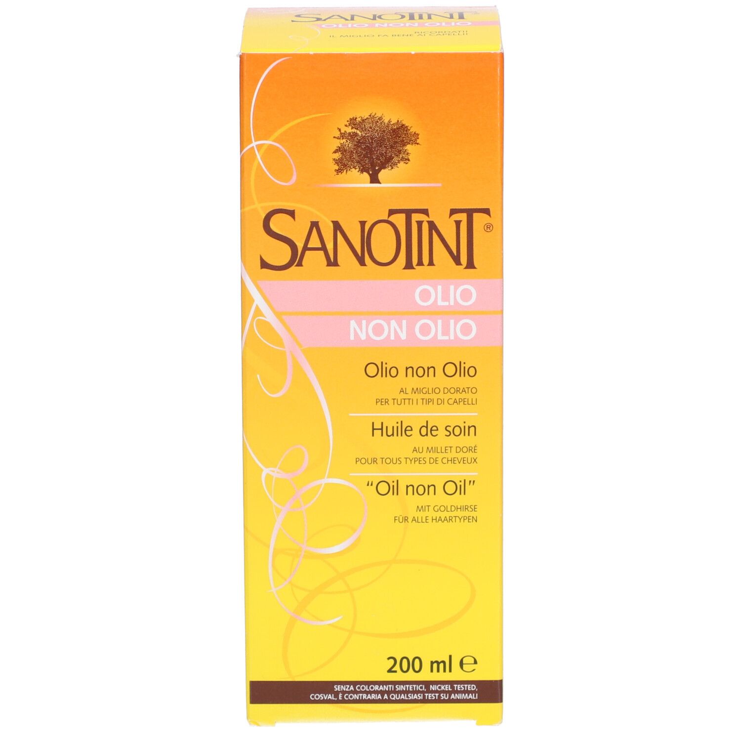 Verpackung. Gelb-orangene Schachtel mit Aufschrift SANOTINT Olio non Olio. Text in mehreren Sprachen.