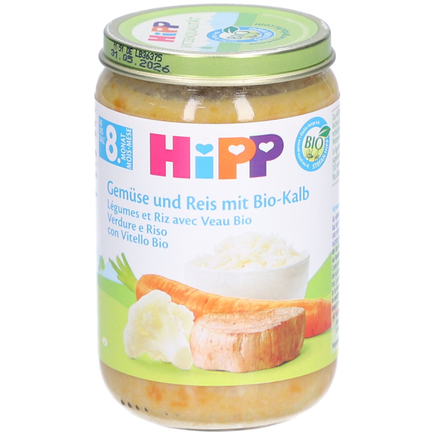 Glas mit Babynahrung. Aufkleber mit Produktnamen, Zutaten und Illustrationen von Gemüse und Reis. Bio-Siegel.