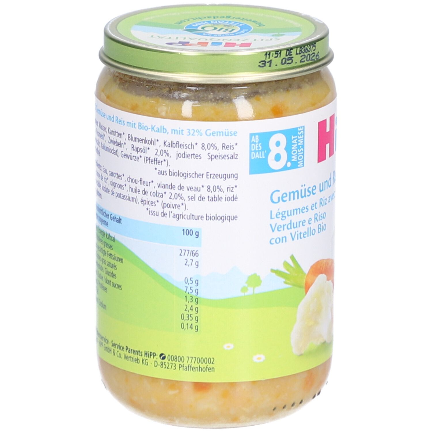 Glas Babynahrung. Rückseite mit Zutatenliste, Nährwertangaben und Bio-Siegel. 100g Inhalt.