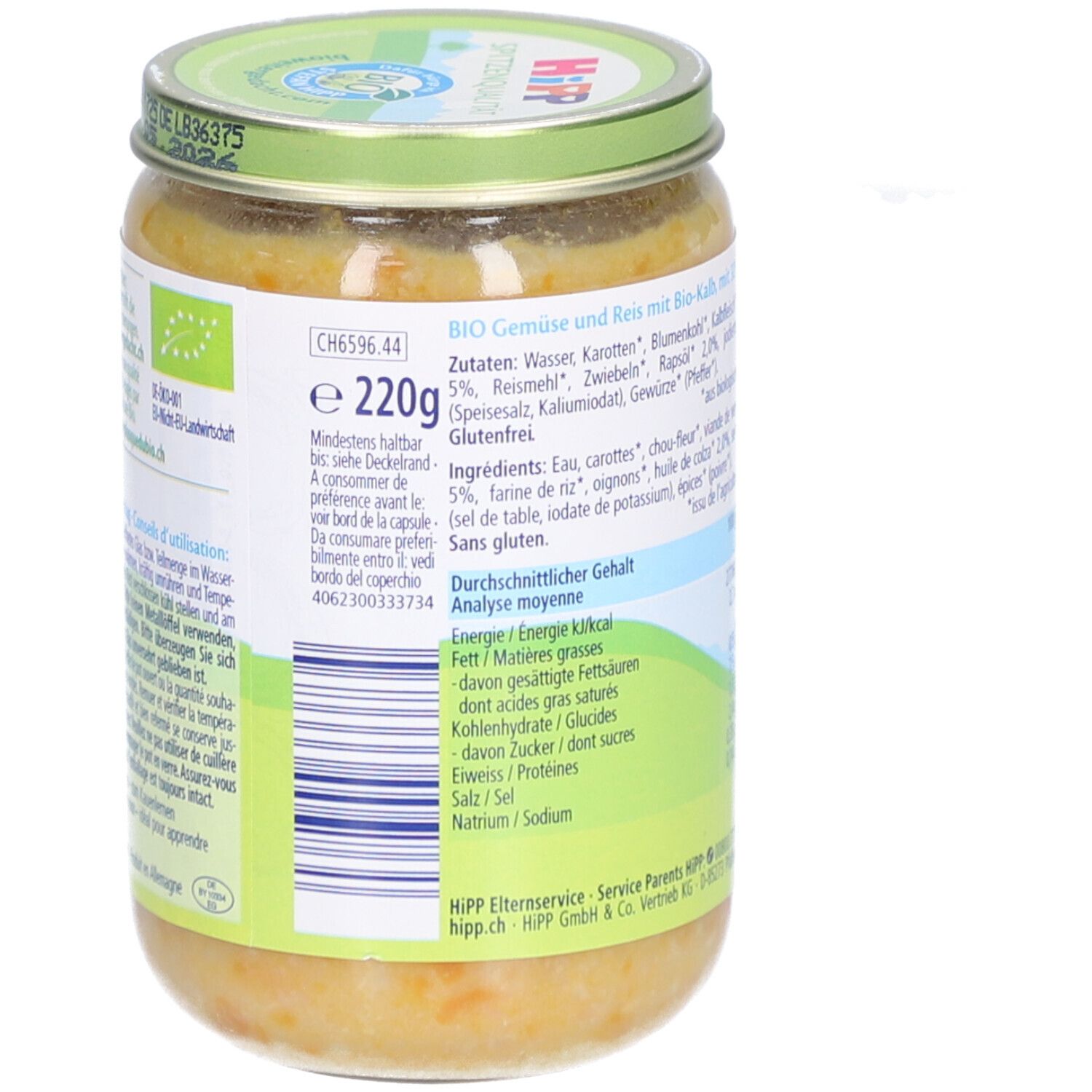 Glas Babynahrung. Rückseite mit Zutatenliste, Nährwertangaben und Bio-Siegel. 220g Inhalt.
