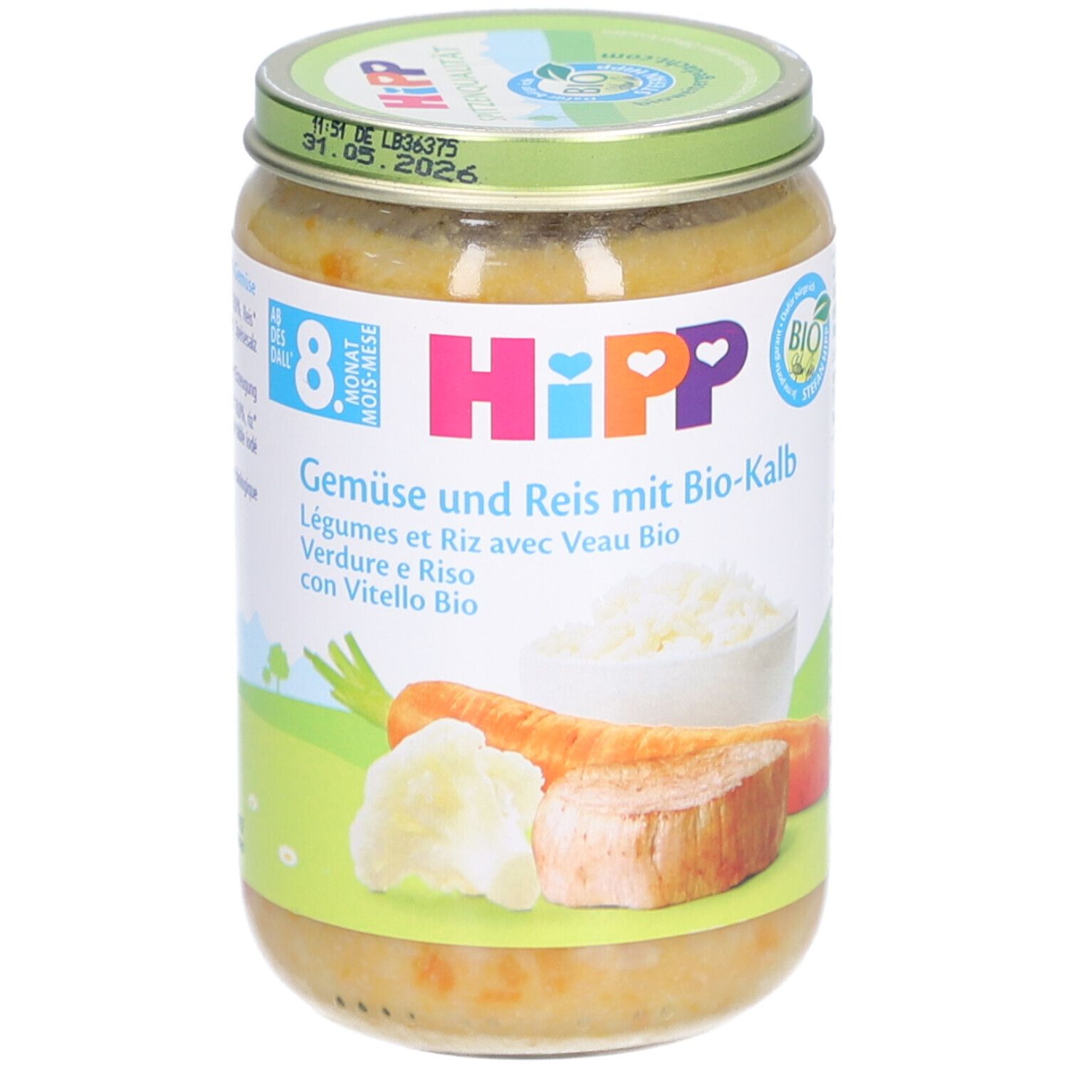 Glas mit Babynahrung. Aufkleber mit Produktnamen, Zutaten und Illustrationen von Gemüse und Reis. Bio-Siegel.