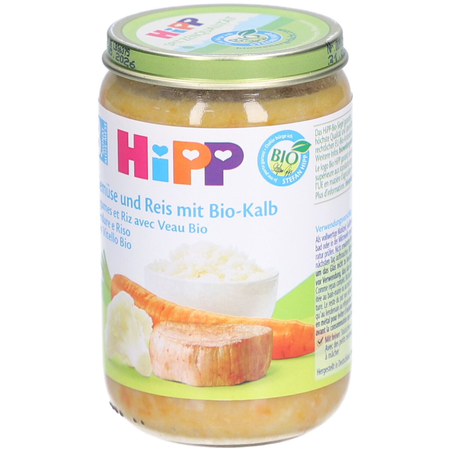 Glas mit Babynahrung. Aufkleber mit Produktnamen, Zutaten und Illustrationen von Gemüse und Reis. Bio-Siegel.