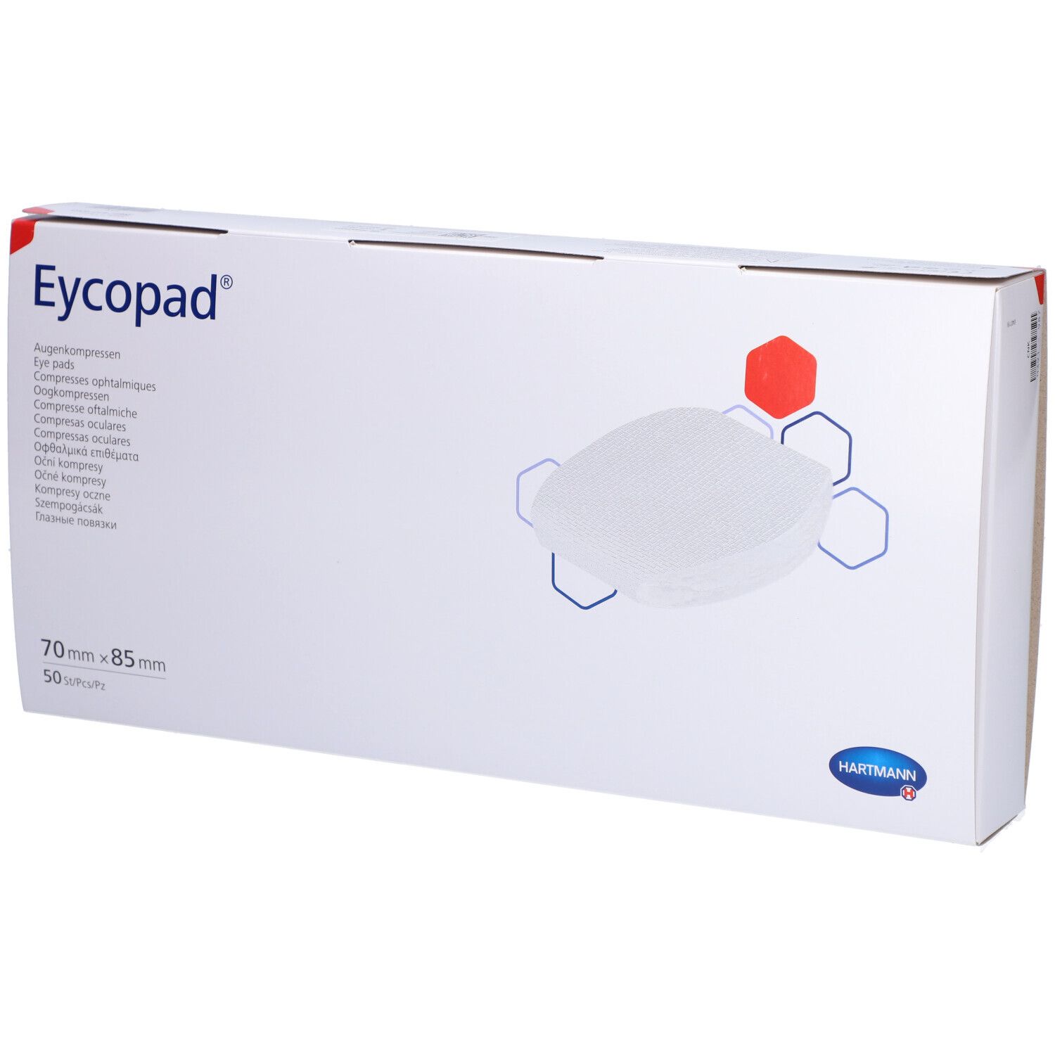 EYCOPAD® Augenkompressen-Packung. Weiße Schachtel mit Produktabbildung und Schriftzug. Größe: 70 x 85 mm, 50 Stück.