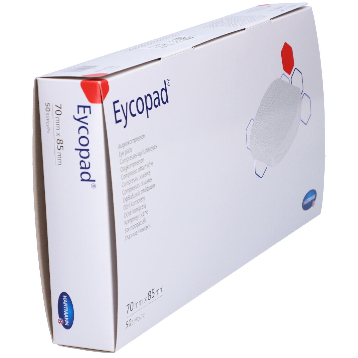 EYCOPAD® Packung, schräg. Weiße Schachtel mit Produktabbildung und Schriftzug. Größe: 70 x 85 mm, 50 Stück.