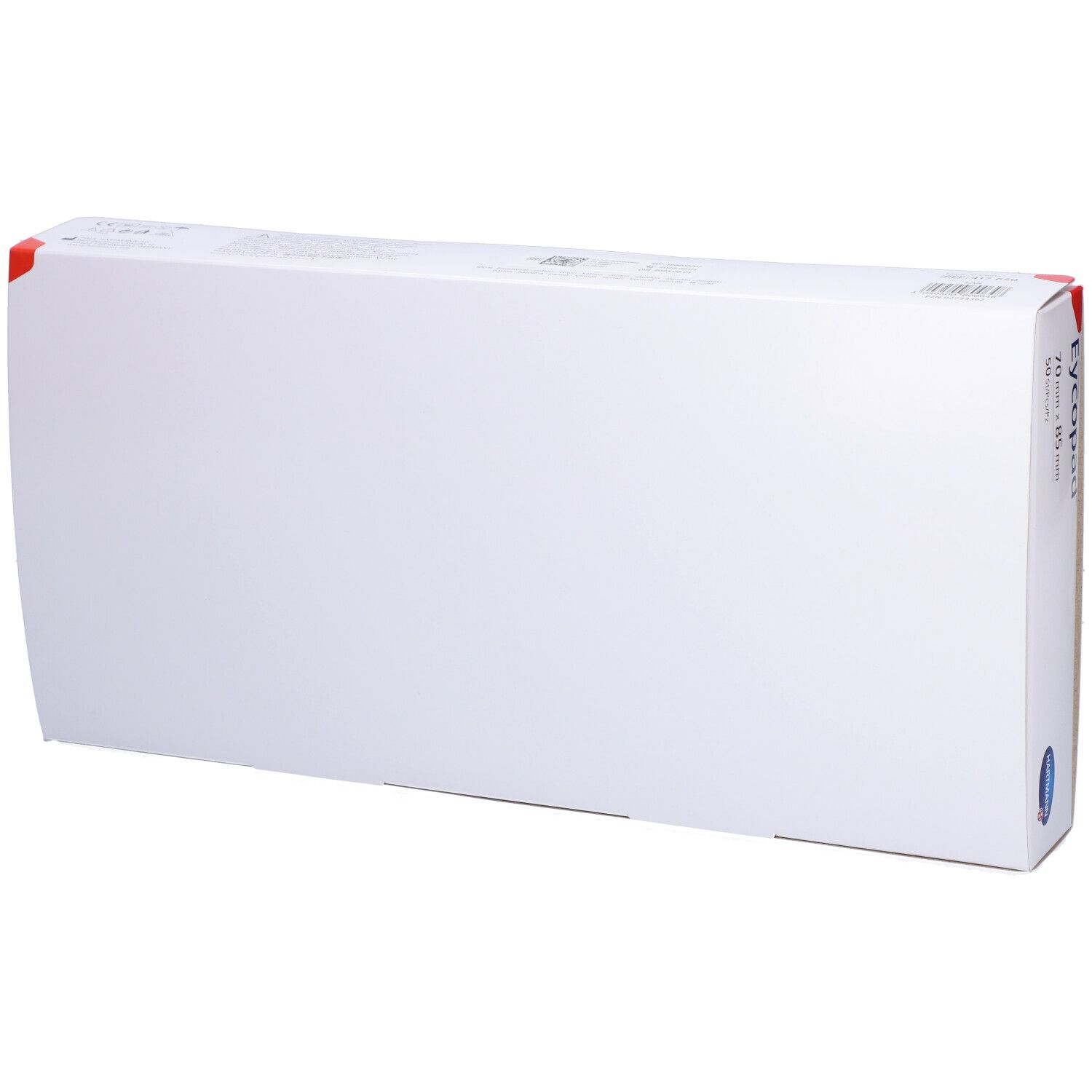 EYCOPAD® Packung, Seitenansicht. Weiße Schachtel mit Produktinformationen. Größe: 70 x 85 mm.