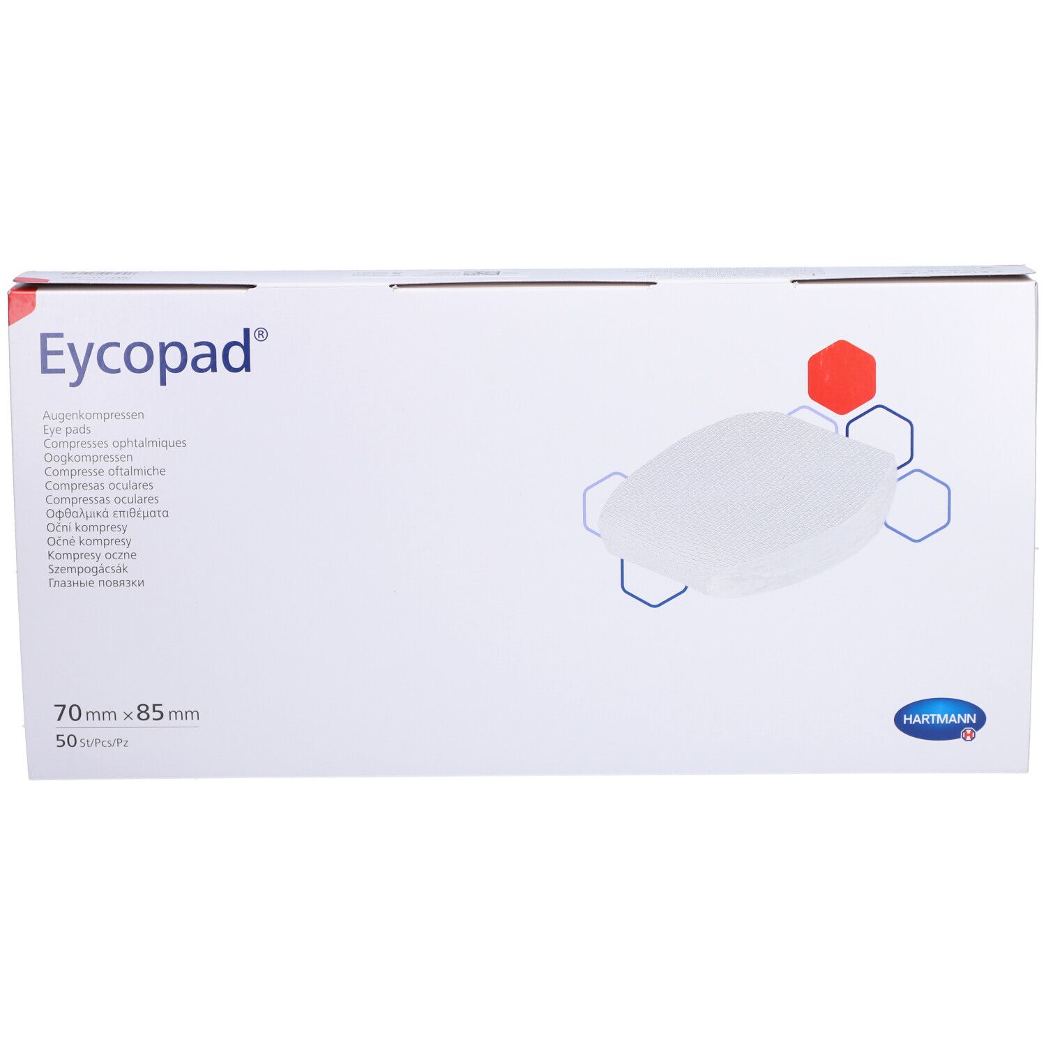 EYCOPAD® Augenkompressen-Packung. Weiße Schachtel mit Produktabbildung und Schriftzug. Größe: 70 x 85 mm, 50 Stück.