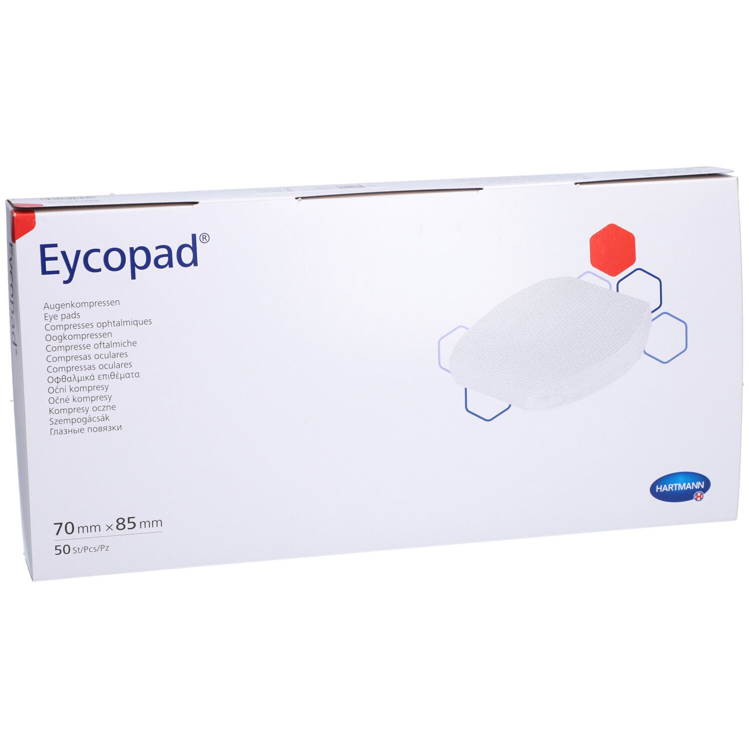 EYCOPAD® Augenkompressen-Packung. Weiße Schachtel mit Produktabbildung und Schriftzug. Größe: 70 x 85 mm, 50 Stück.