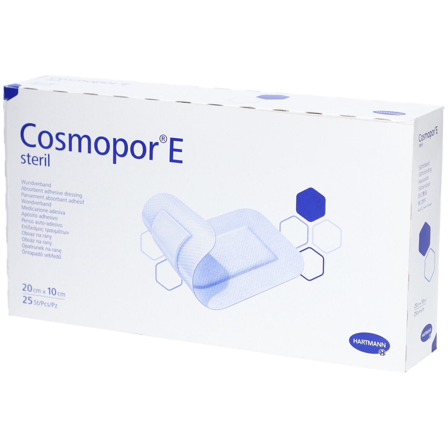 Boîte de Cosmopor® E stérile. Le nom du produit, la taille et un pansement ouvert sont visibles sur le devant.