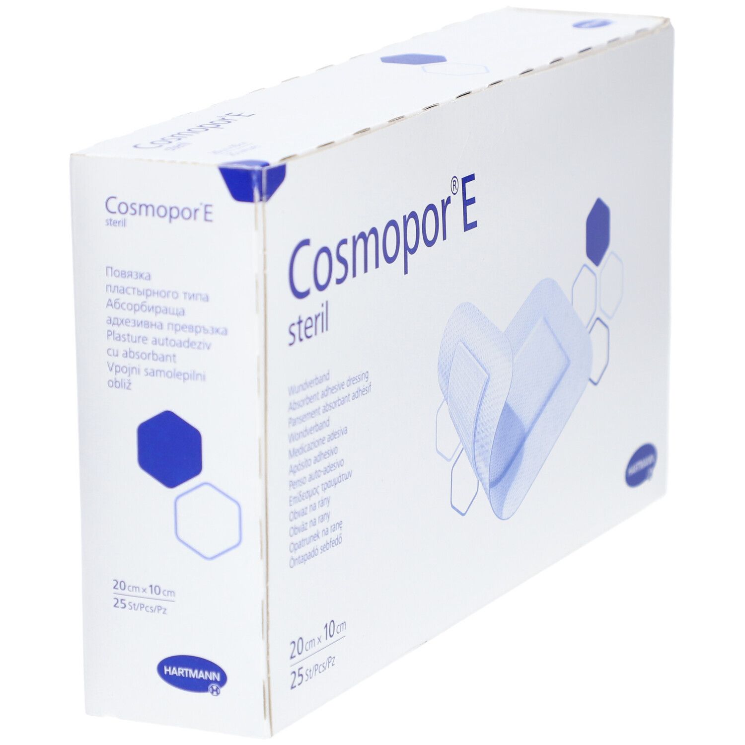 Boîte de Cosmopor® E stérile en biais. Le nom du produit, la taille et un pansement ouvert sont visibles sur l'emballage.