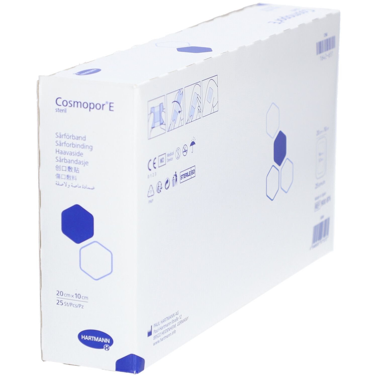 Vue latérale de la boîte de Cosmopor® E stérile. Le nom du produit, la taille, le logo du fabricant et les certifications sont visibles.