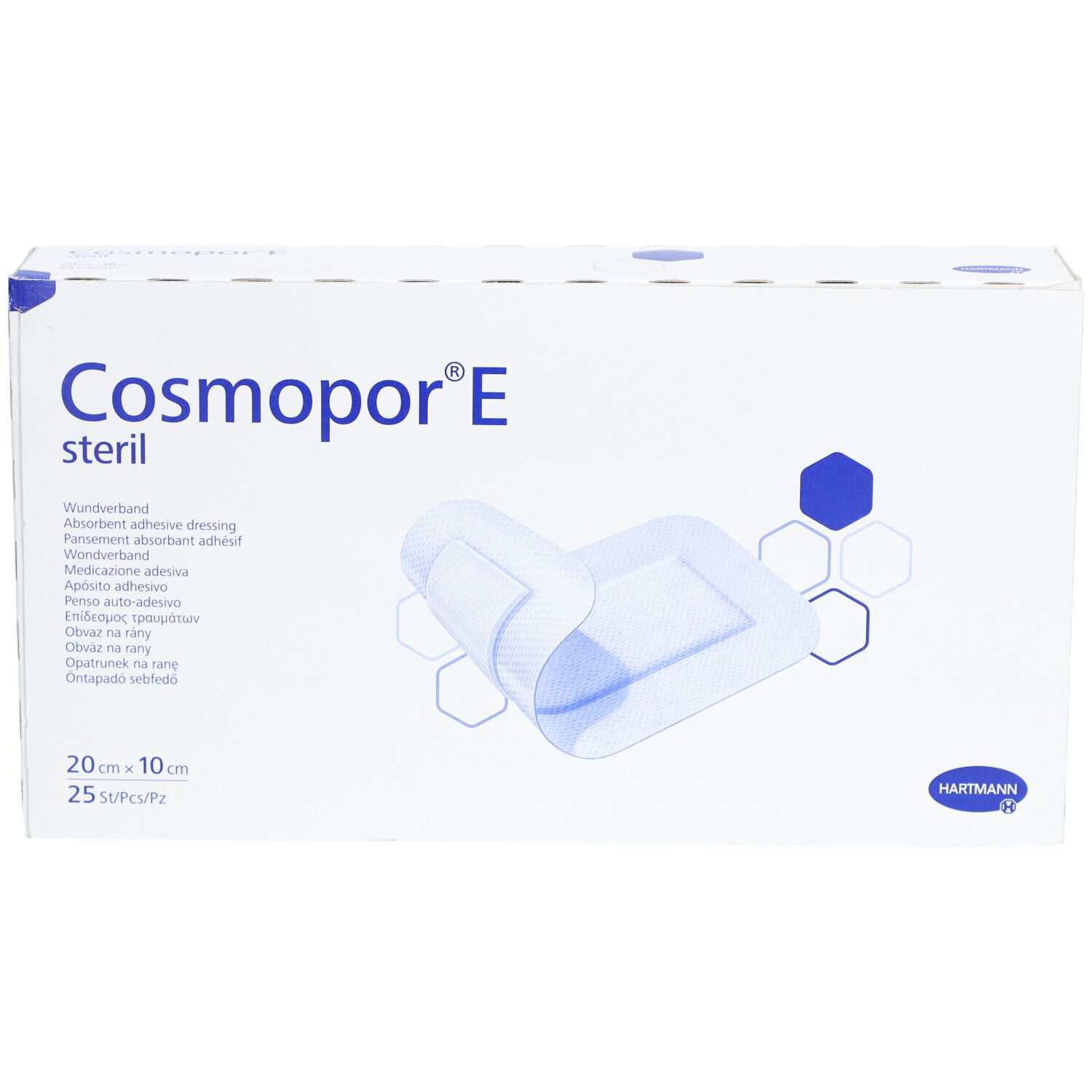 Boîte de Cosmopor® E stérile. Le nom du produit, la taille et un pansement ouvert sont visibles sur le devant.