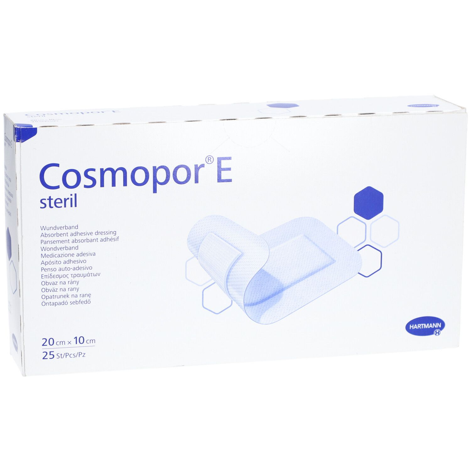 Boîte de Cosmopor® E stérile. Le nom du produit, la taille et un pansement ouvert sont visibles sur le devant.