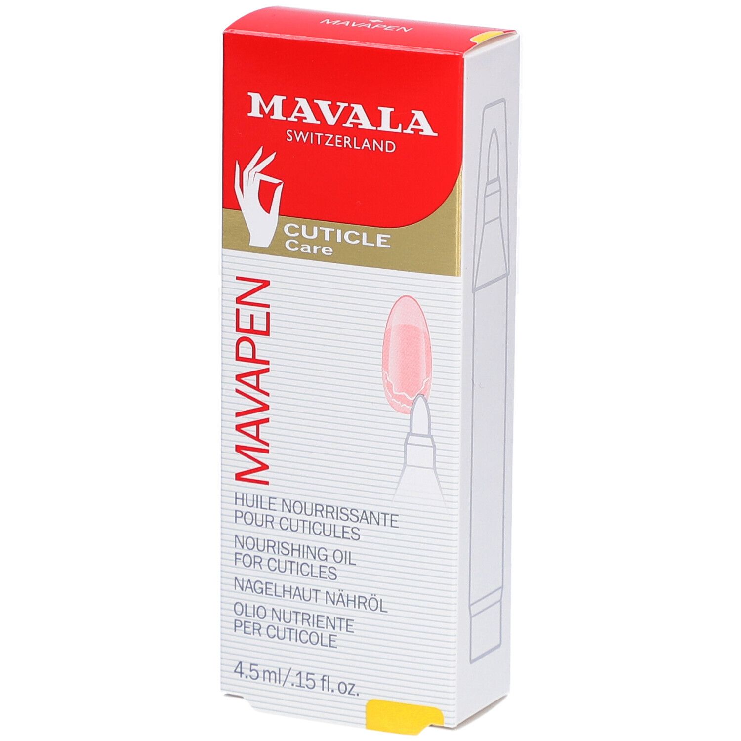 Verpackung mit Produktnamen und Logo. Text: "Cuticle Care", "Nourishing Oil for Cuticles". 4,5 ml.