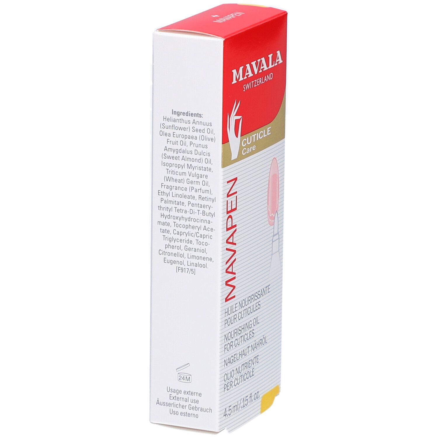 Verpackung mit Inhaltsstoffen. Text: "Ingredients:". Logo und Produktname. 4,5 ml.
