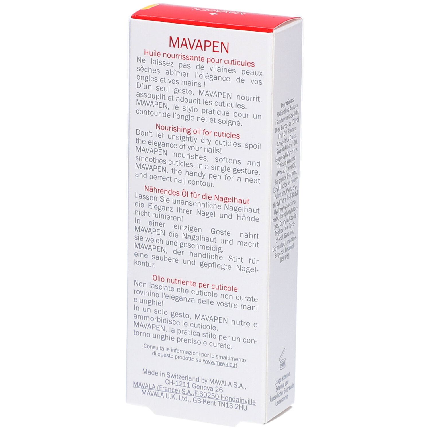 Verpackung mit Text. Text: "Nährendes Öl für die Nagelhaut". Logo und Produktname. 4,5 ml.