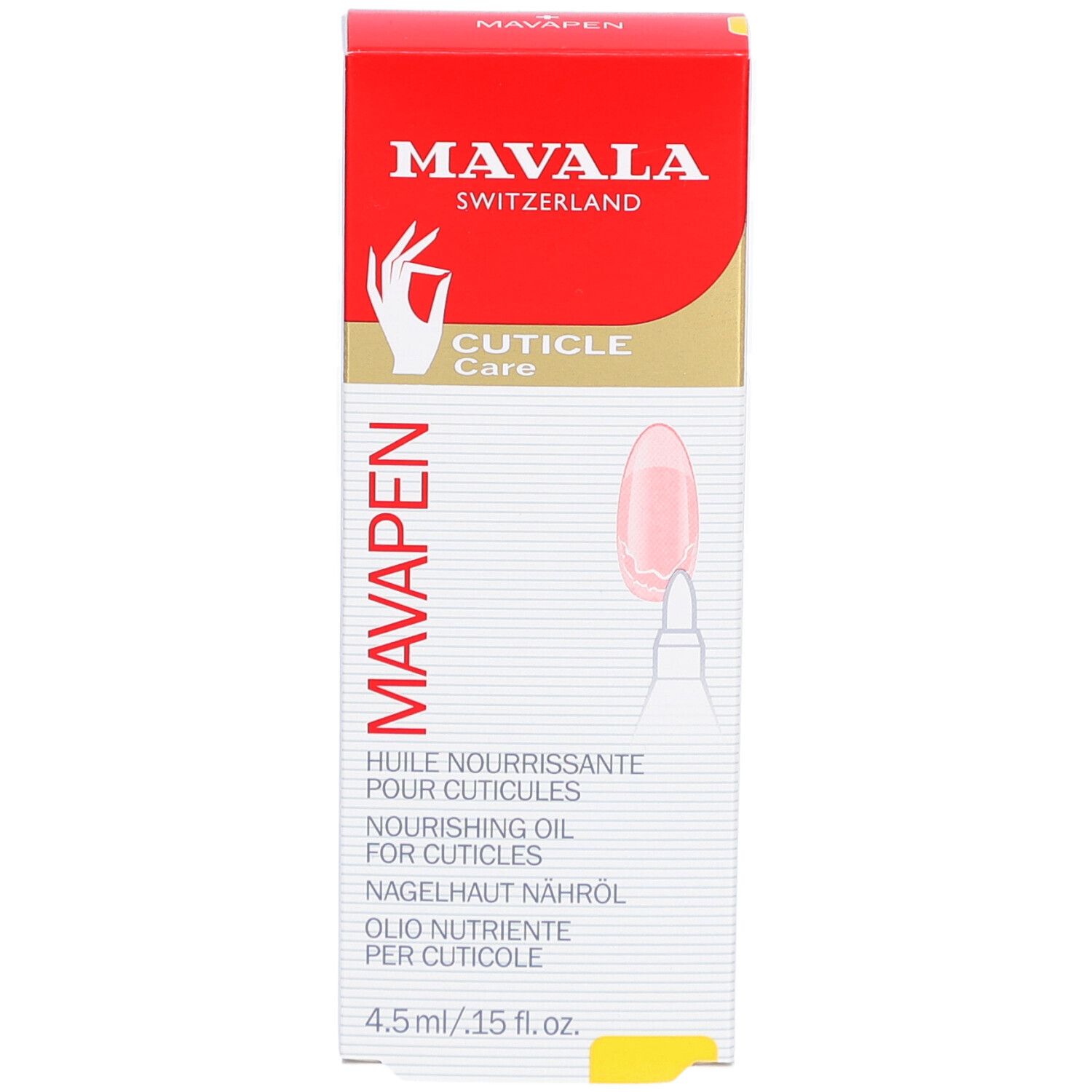 Verpackung mit Logo und Produktnamen. Text: "Cuticle Care", "Nourishing Oil for Cuticles". 4,5 ml.