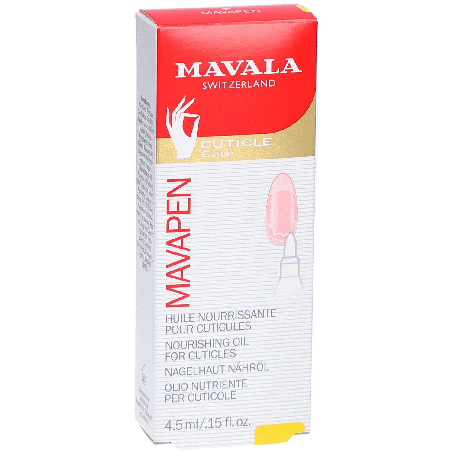 Verpackung mit Logo und Produktnamen. Text: "Cuticle Care", "Nourishing Oil for Cuticles". 4,5 ml.
