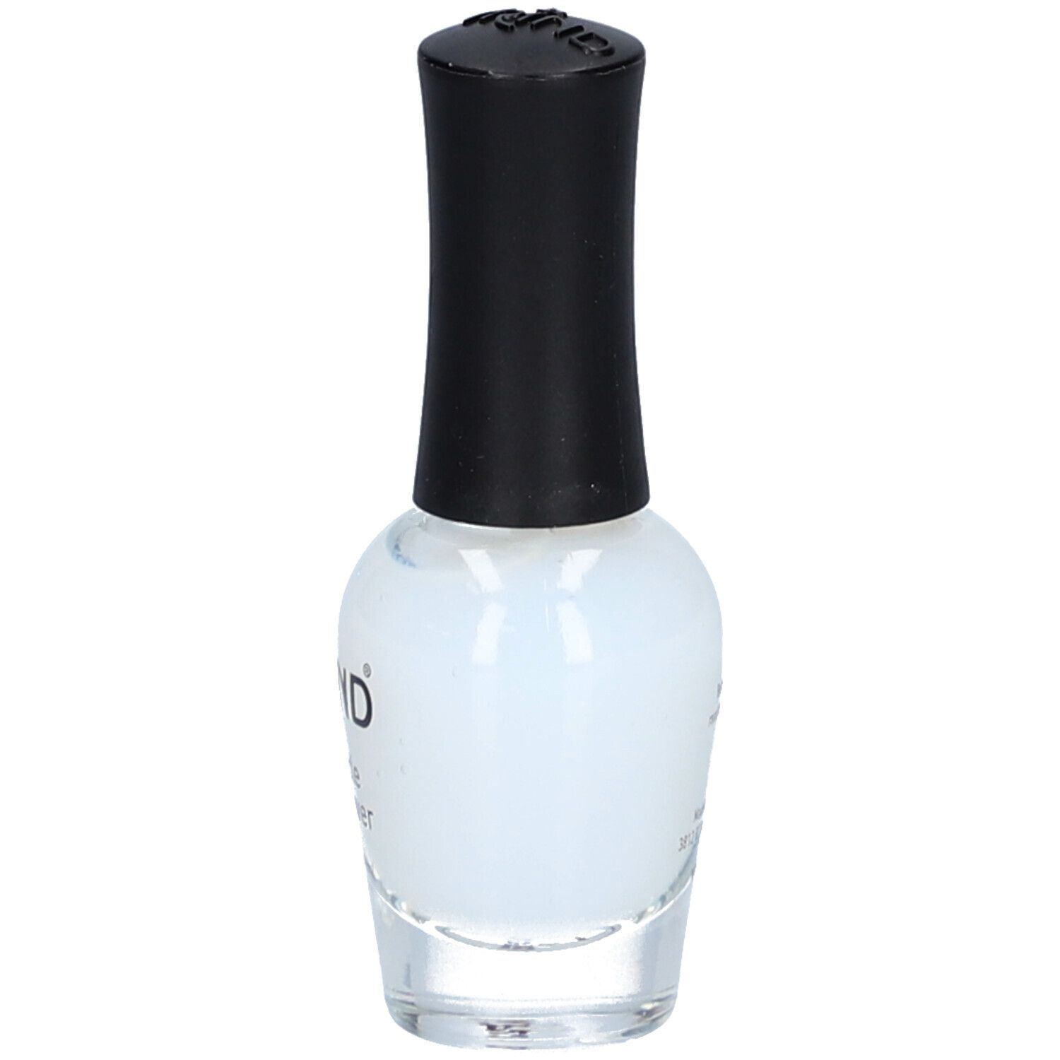 Glasflasche mit klarer Flüssigkeit und schwarzem Deckel. Aufschrift: TRIND Cuticle Remover.