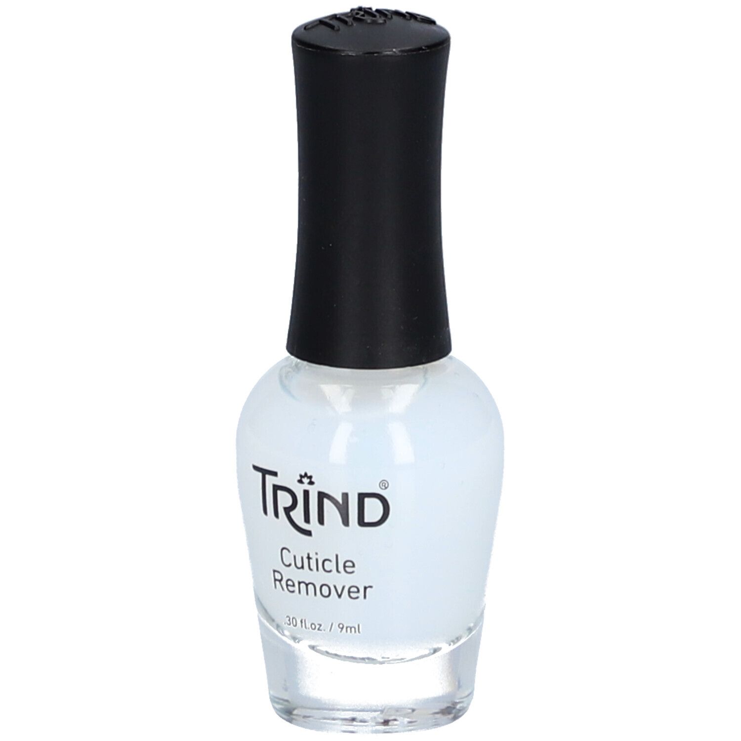 Glasflasche mit klarer Flüssigkeit und schwarzem Deckel. Aufschrift: TRIND Cuticle Remover, 9ml.