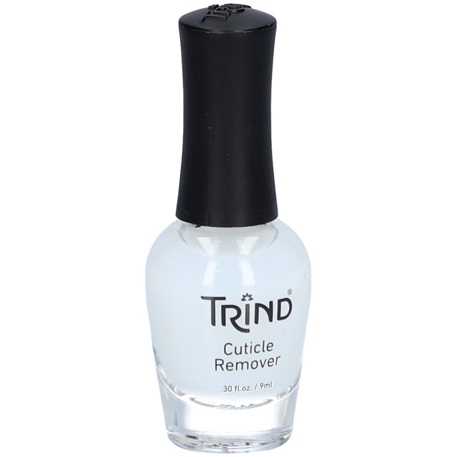 Glasflasche mit klarer Flüssigkeit und schwarzem Deckel. Aufschrift: TRIND Cuticle Remover, 9ml.