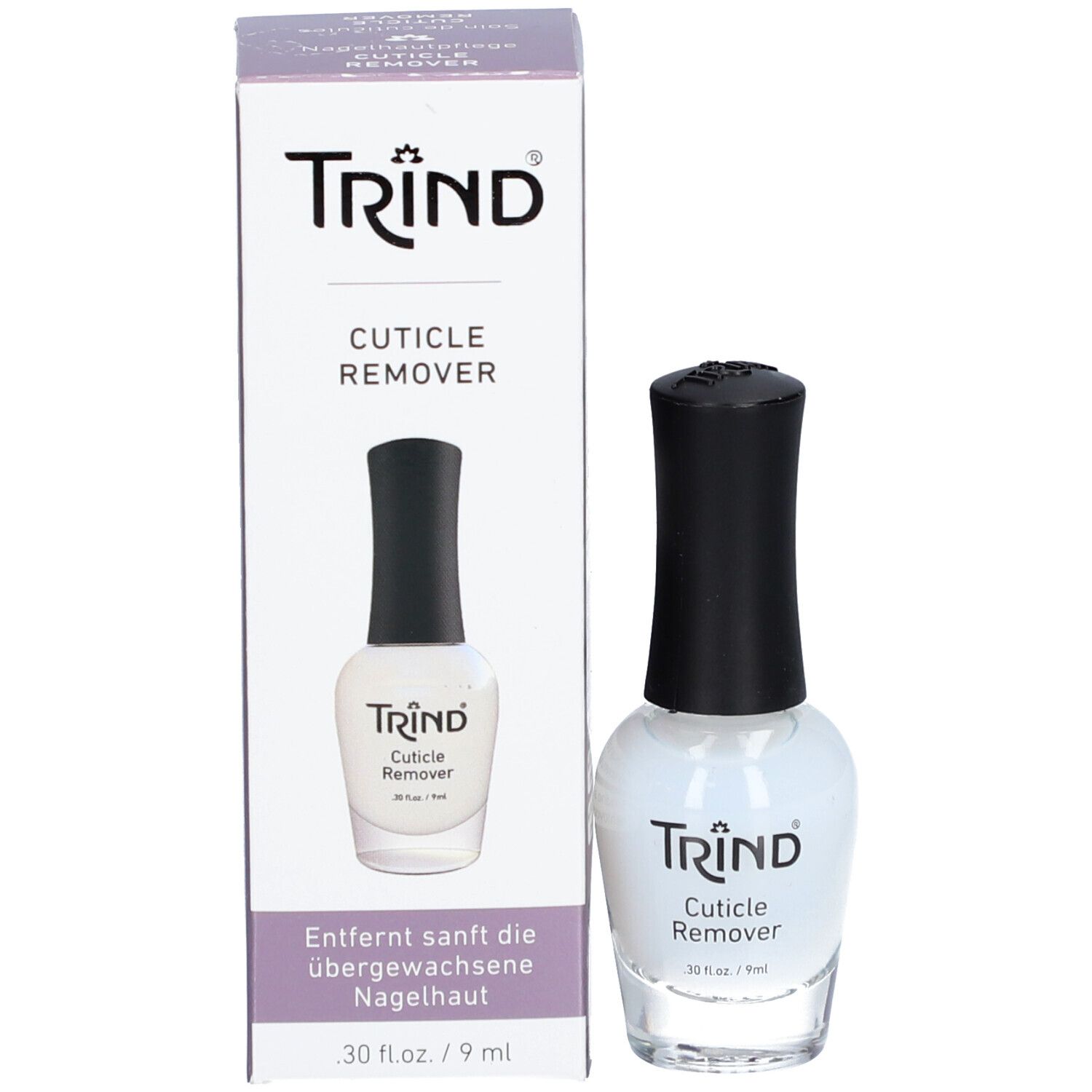 Produktverpackung mit Flasche und Karton. Aufschrift: TRIND Cuticle Remover. Karton mit Produktabbildung und Text.