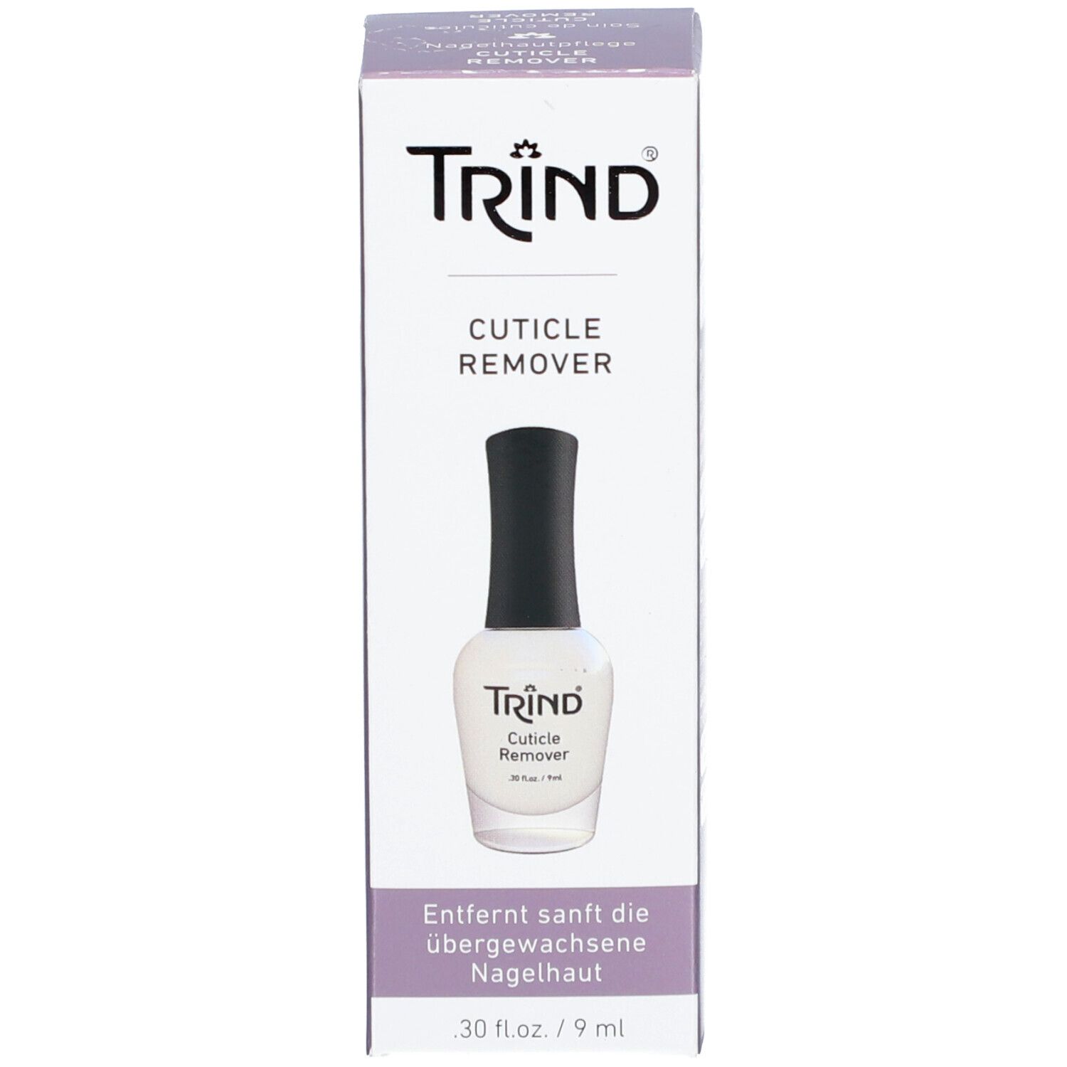 Produktverpackung mit Flasche und Karton. Aufschrift: TRIND Cuticle Remover. Karton mit Produktabbildung und Text.