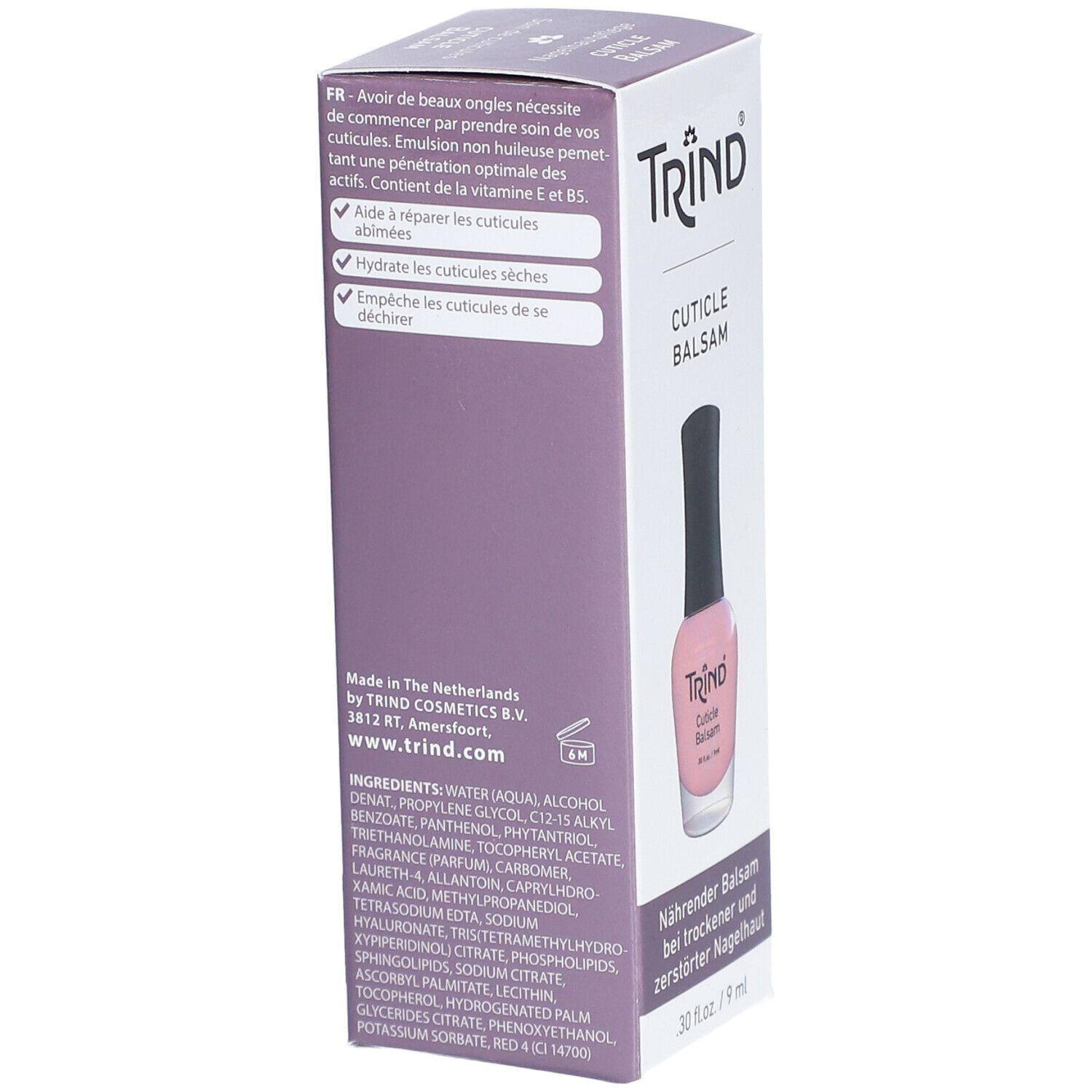 Verpackung mit TRIND Cuticle Balsam. Rückseite mit Inhaltsstoffen und Anwendungsbeschreibungen in verschiedenen Sprachen.