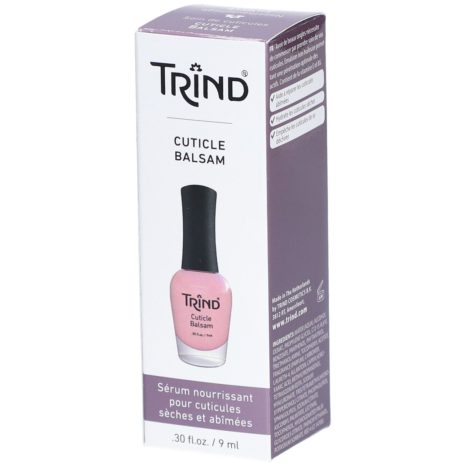 Verpackung mit TRIND Cuticle Balsam. Vorderseite mit Produktabbildung und Text: Serum nourrissant pour cuticules sèches et abîmées.