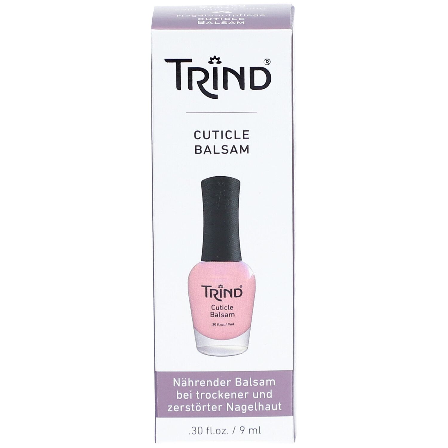 TRIND Cuticle Balsam Flasche. Rosa Flüssigkeit, schwarzer Deckel. Text: Nährender Balsam bei trockener und zerstörter Nagelhaut.