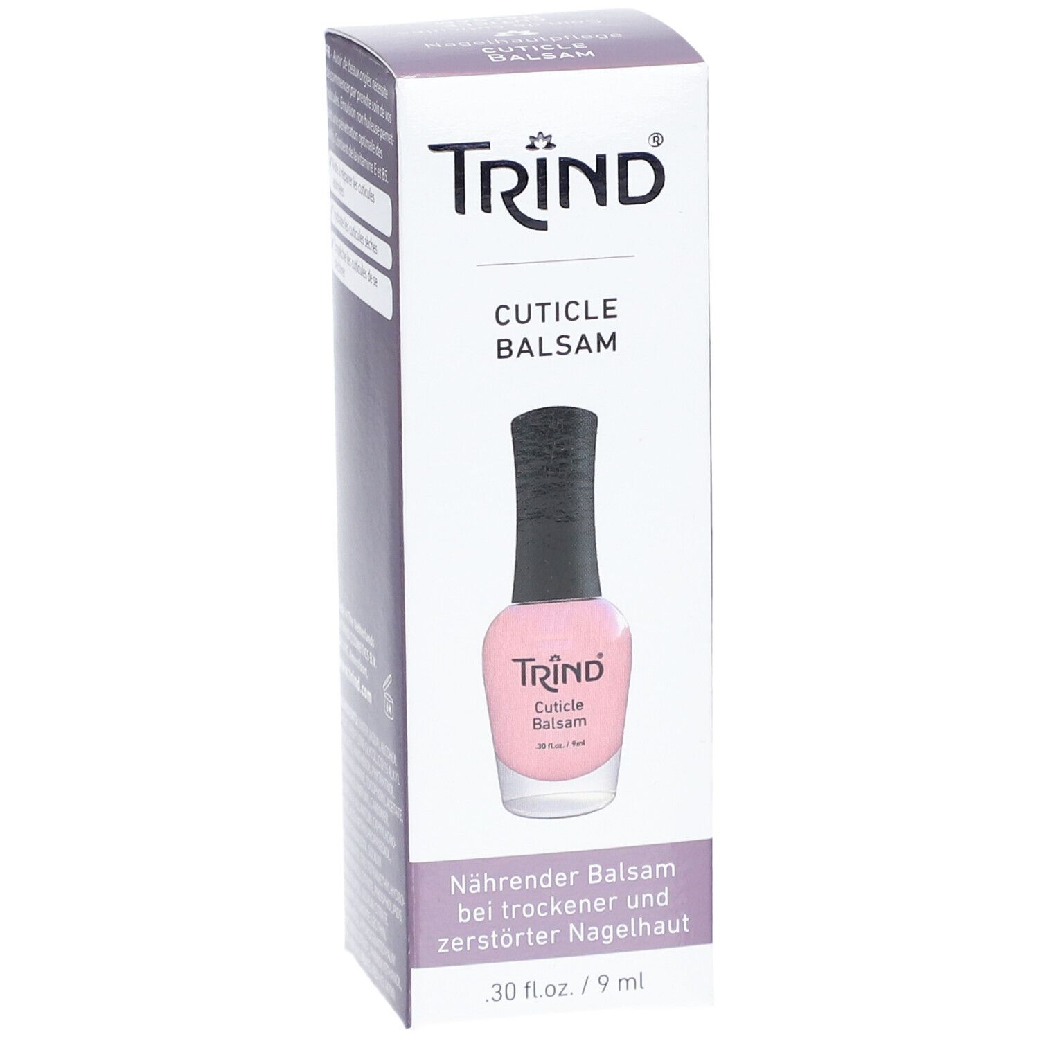 Verpackung mit TRIND Cuticle Balsam. Schrägansicht. Flasche mit rosa Inhalt, schwarzem Deckel. Text: Nährender Balsam bei trockener Nagelhaut.