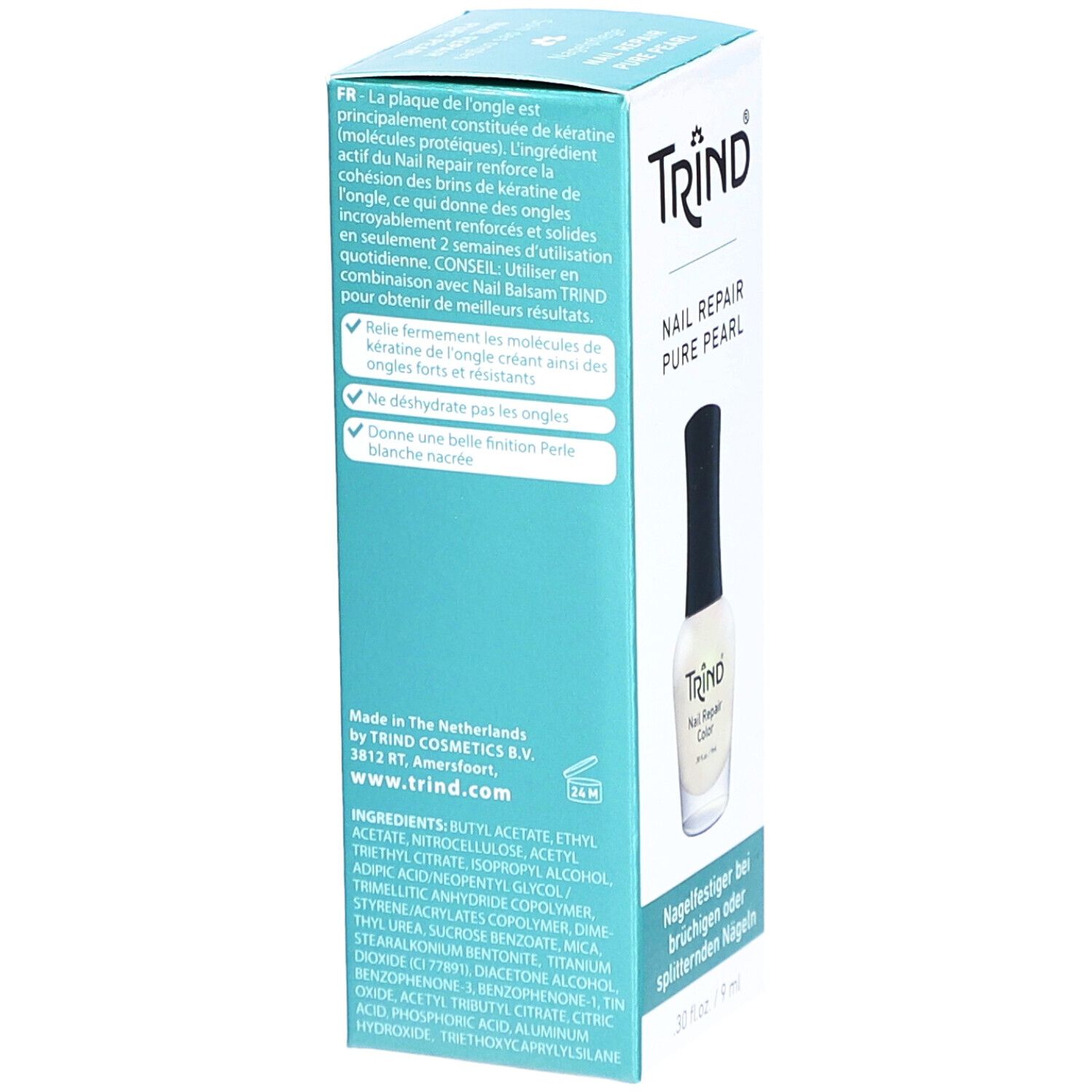 Vue latérale de la boîte avec flacon de vernis à ongles. La boîte porte l'inscription "TRIND NAIL REPAIR PURE PEARL". Liste des ingrédients et adresse du fabricant visibles.