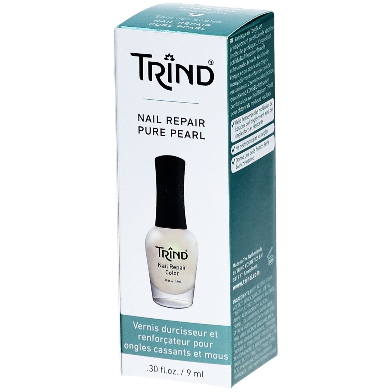 Flacon de vernis à ongles avec bouchon noir et contenu blanc, dans une boîte. La boîte porte l'inscription "TRIND NAIL REPAIR PURE PEARL".