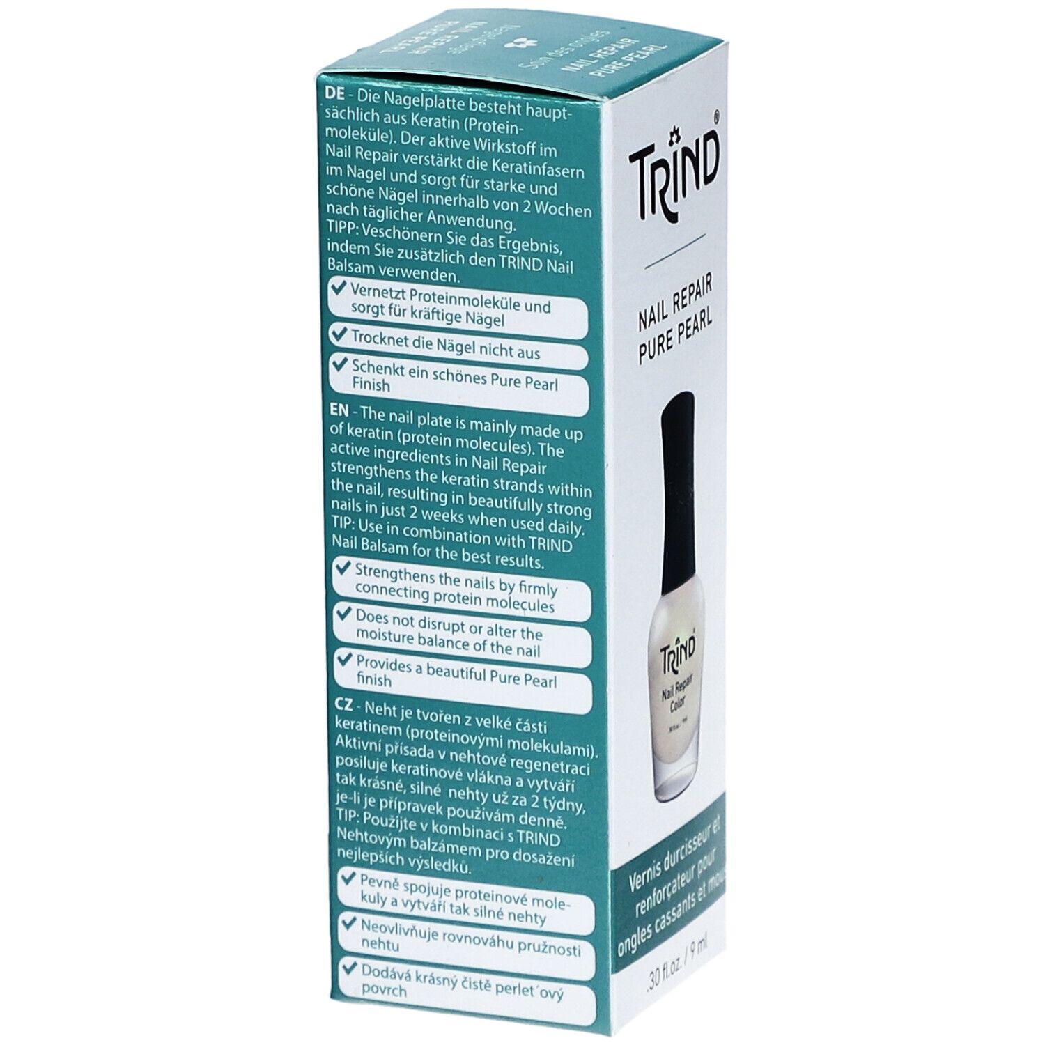 Vue latérale de la boîte avec flacon de vernis à ongles. La boîte porte l'inscription "TRIND NAIL REPAIR PURE PEARL". Texte sur les ingrédients et l'utilisation.
