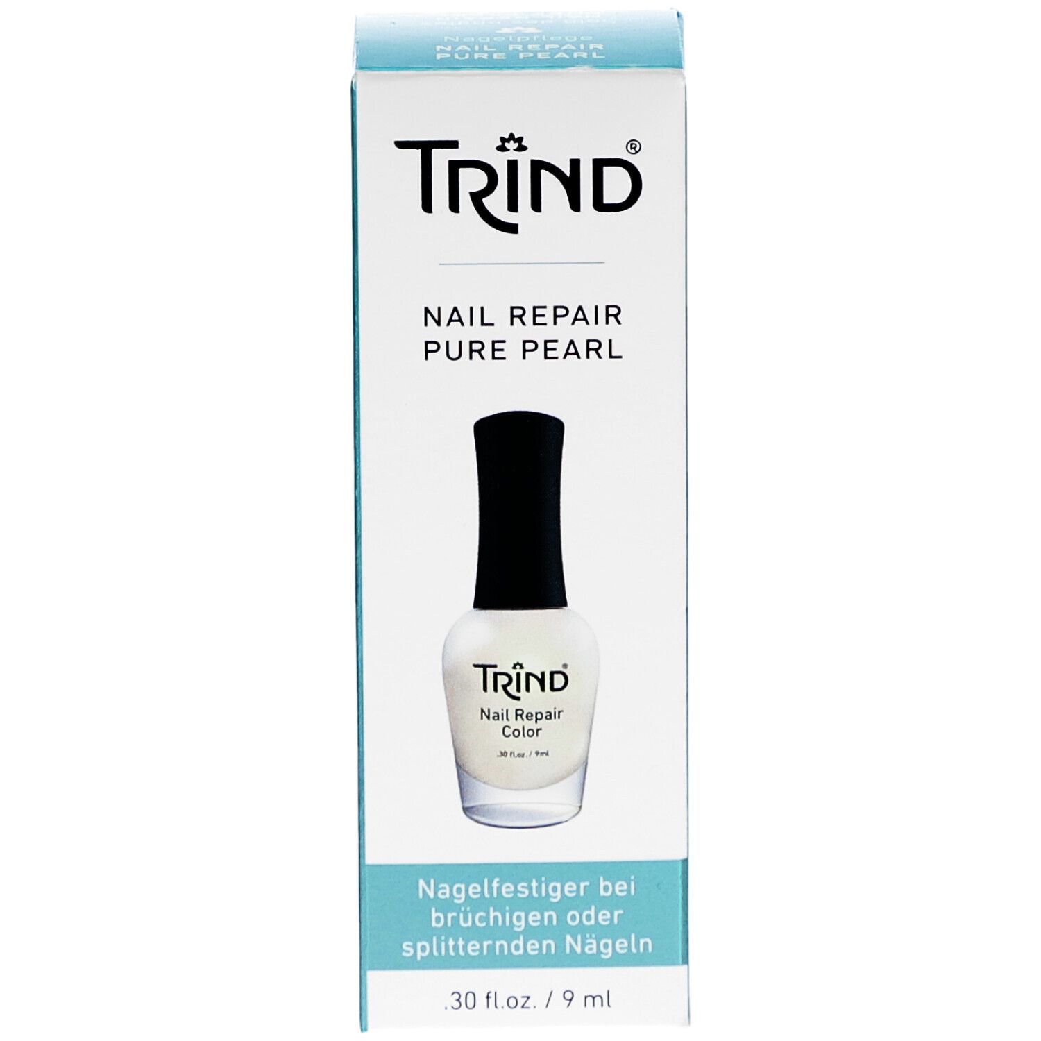 Flacon de vernis à ongles avec bouchon noir et contenu blanc, dans une boîte. La boîte porte l'inscription "TRIND NAIL REPAIR PURE PEARL".