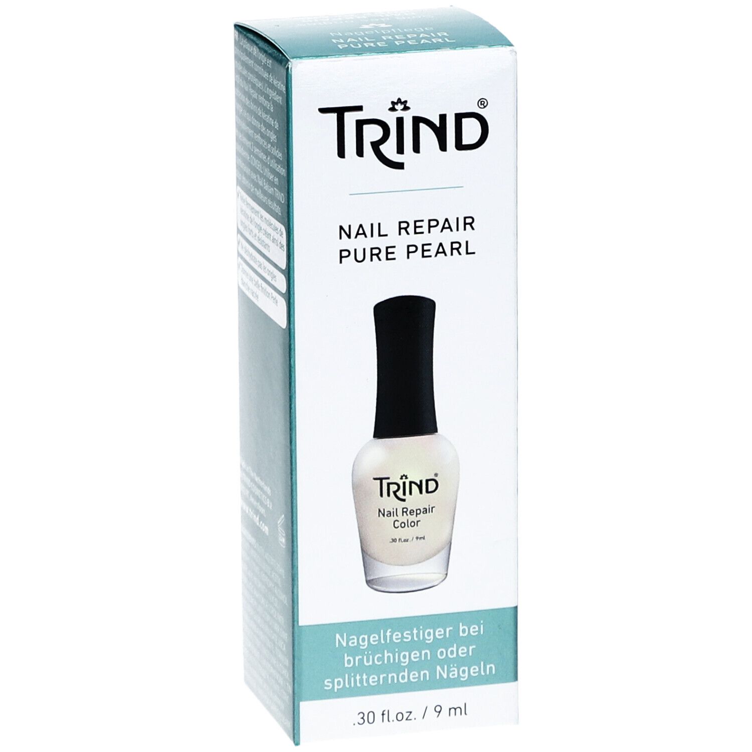 Flacon de vernis à ongles avec bouchon noir et contenu blanc, dans une boîte. La boîte porte l'inscription "TRIND NAIL REPAIR PURE PEARL".