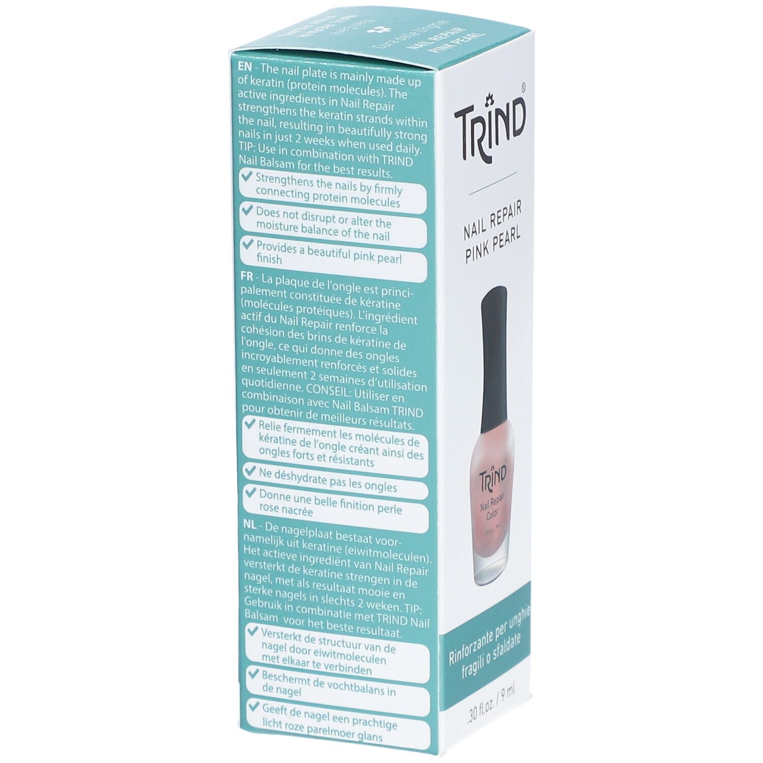 Emballage produit avec flacon de vernis à ongles. Inscription: TRIND Nail Repair Pink Pearl. Texte multilingue sur l'emballage.