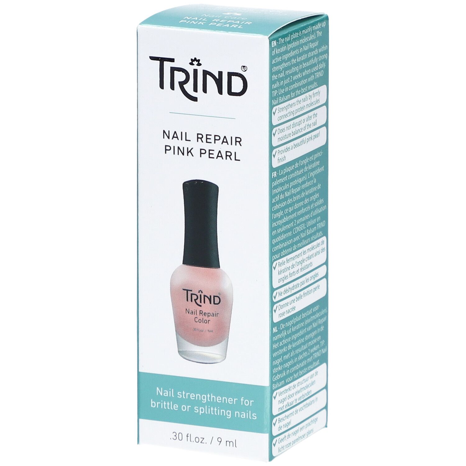 Emballage produit avec flacon de vernis à ongles. Inscription: TRIND Nail Repair Pink Pearl. Texte multilingue sur l'emballage.