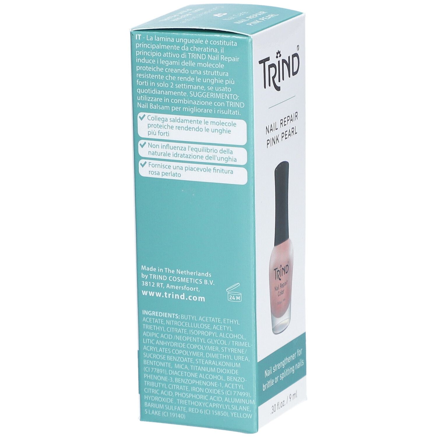 Emballage produit avec flacon de vernis à ongles. Inscription: TRIND Nail Repair Pink Pearl. Texte multilingue sur l'emballage.