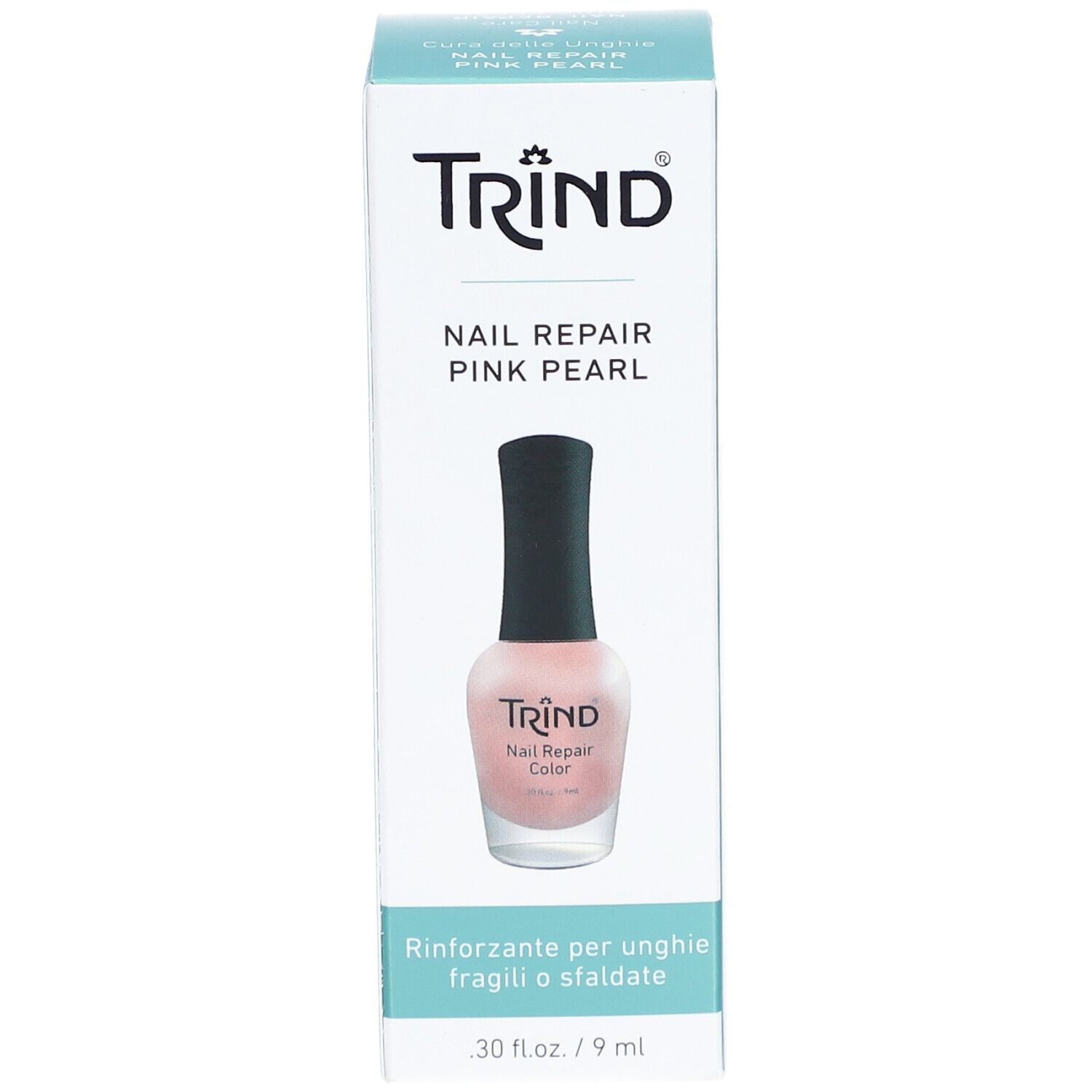 Emballage produit avec flacon de vernis à ongles. Inscription: TRIND Nail Repair Pink Pearl. Flacon rose, bouchon noir.