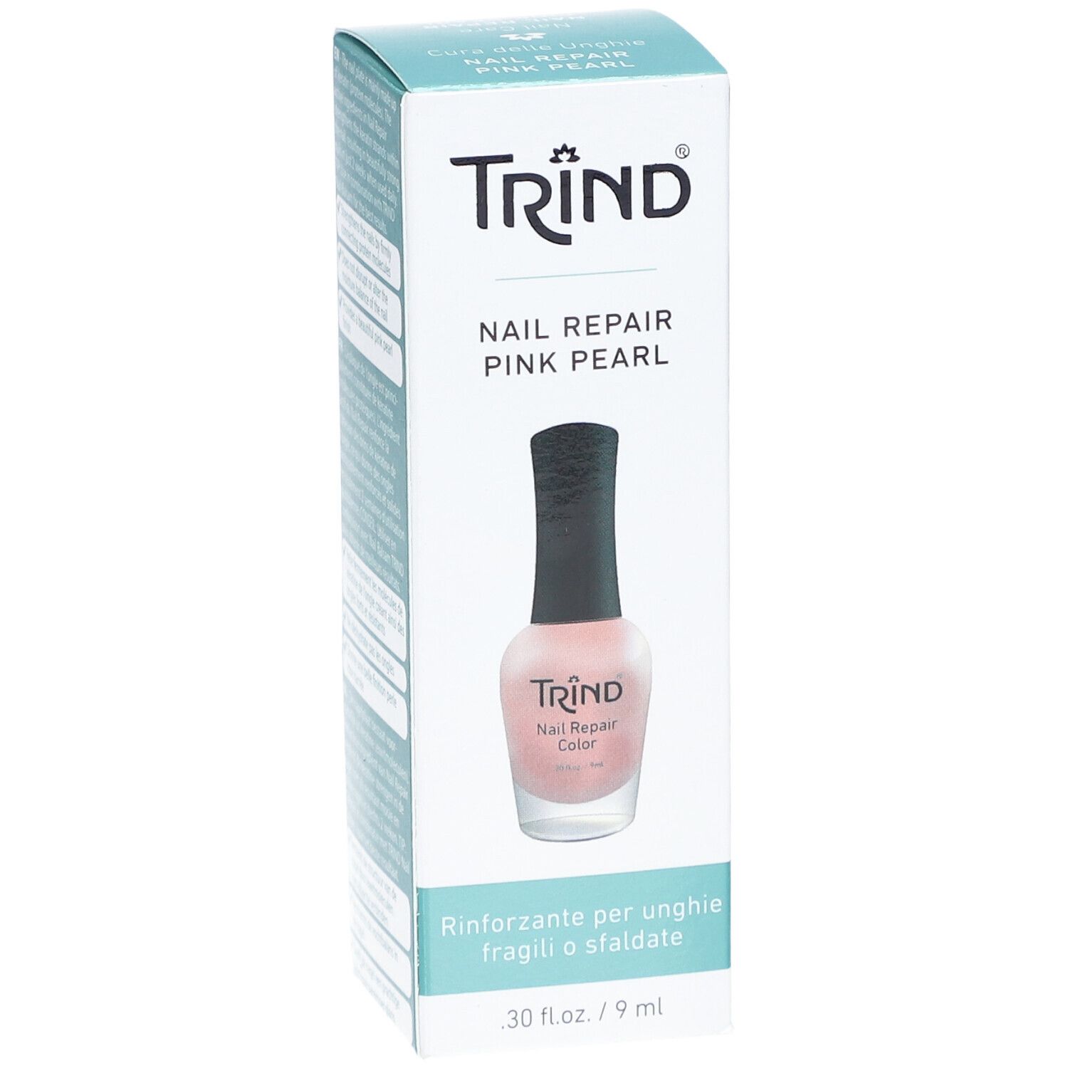 Emballage produit avec flacon de vernis à ongles. Inscription: TRIND Nail Repair Pink Pearl. Flacon rose, bouchon noir.