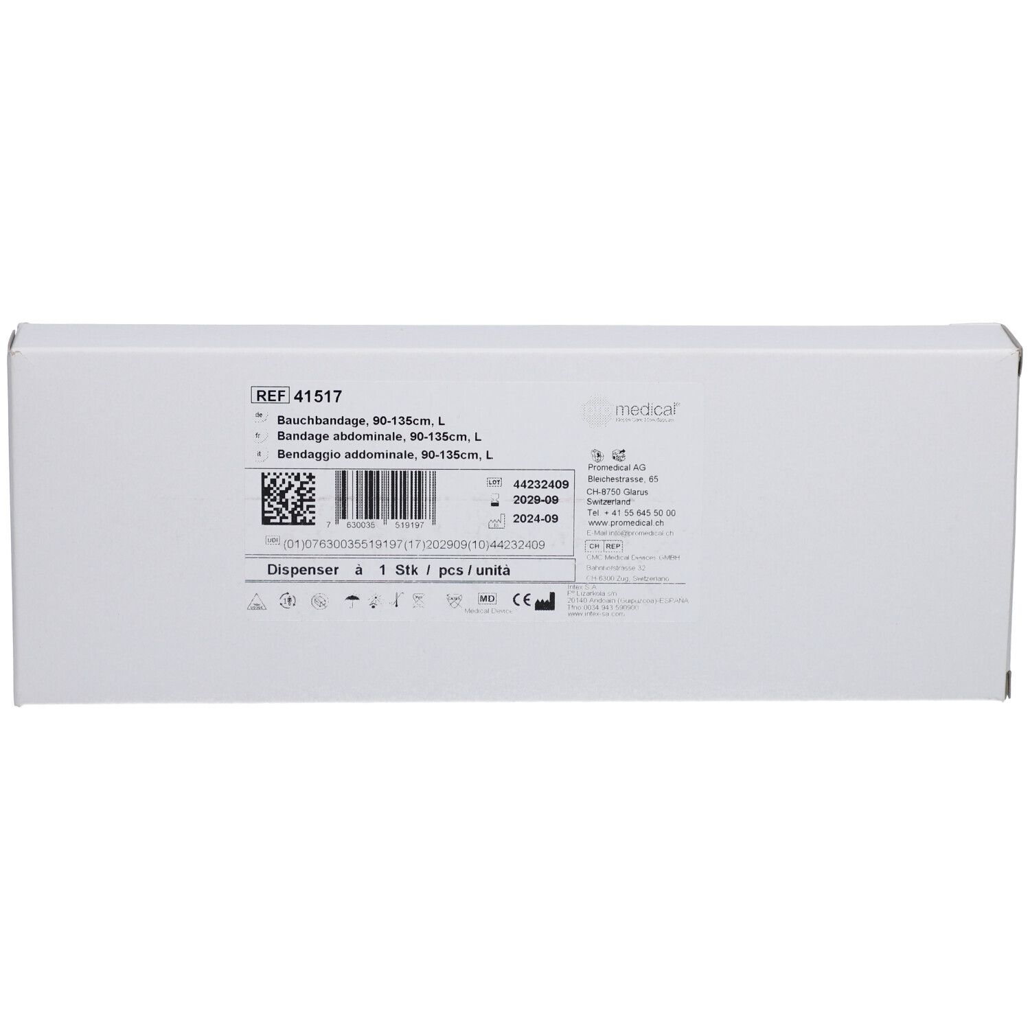 Weiße Produktverpackung. Aufschrift: Bauchbandage, 90-135cm, L. Enthält Informationen wie Referenznummer, Chargennummer und Hersteller.