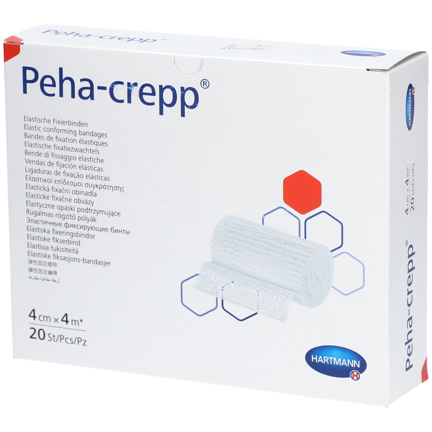 Weiße Verpackung mit Peha-crepp®-Logo und Produktabbildung. Enthält 20 Stück elastische Fixierbinden, 4 cm x 4 m.