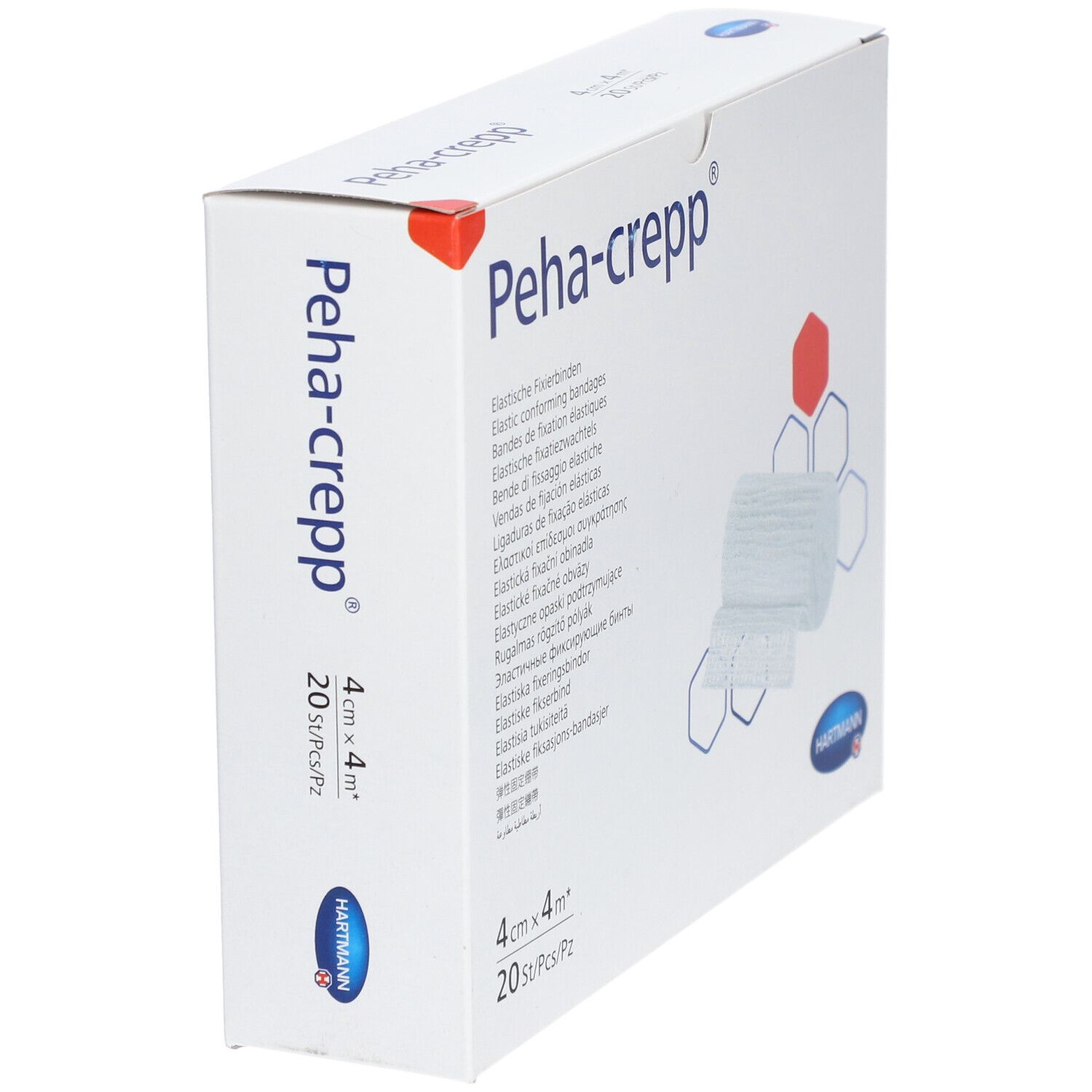 Schräg gestellte weiße Verpackung mit Peha-crepp®-Logo. Enthält 20 Stück elastische Fixierbinden, 4 cm x 4 m.
