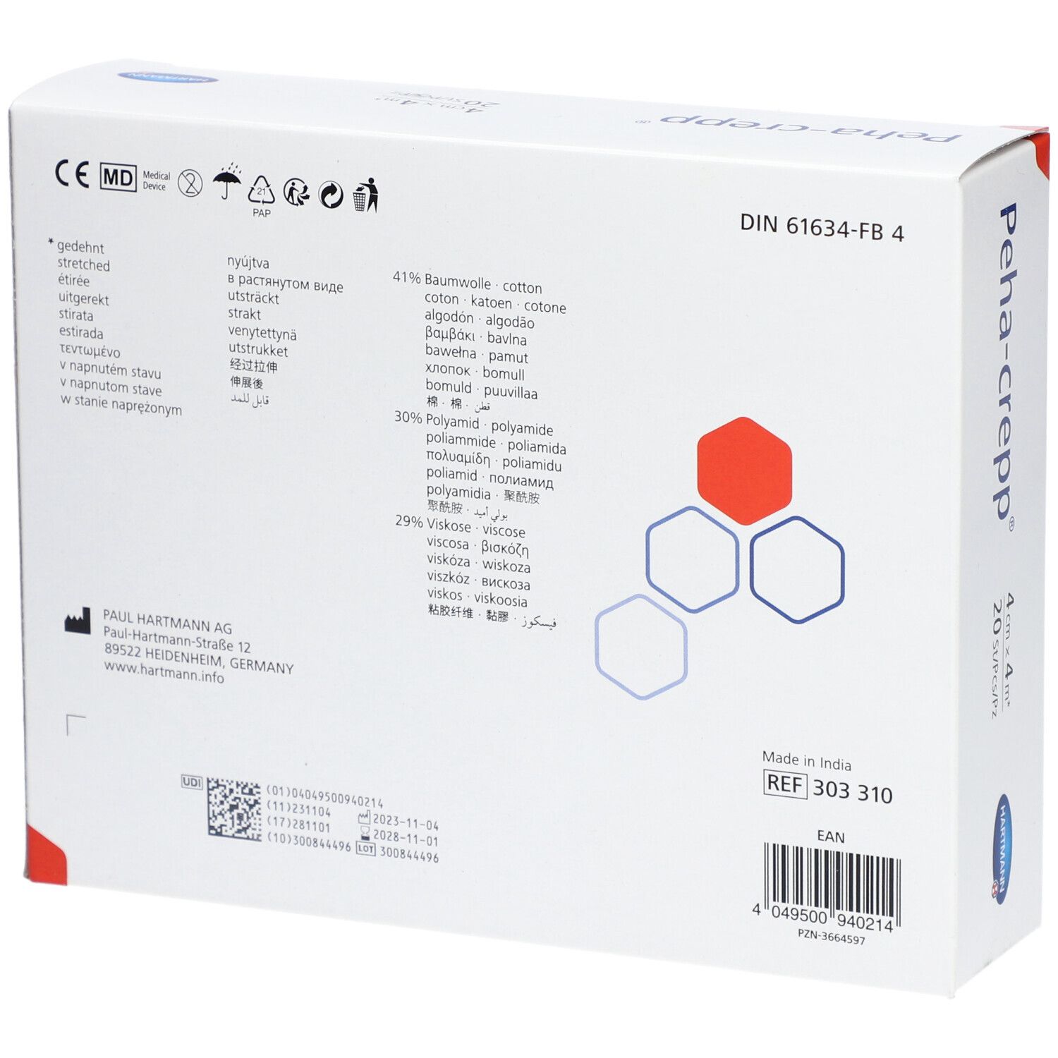 Rückseite der weißen Peha-crepp®-Verpackung. Enthält Informationen zu Inhaltsstoffen, Hersteller und Zertifizierungen.