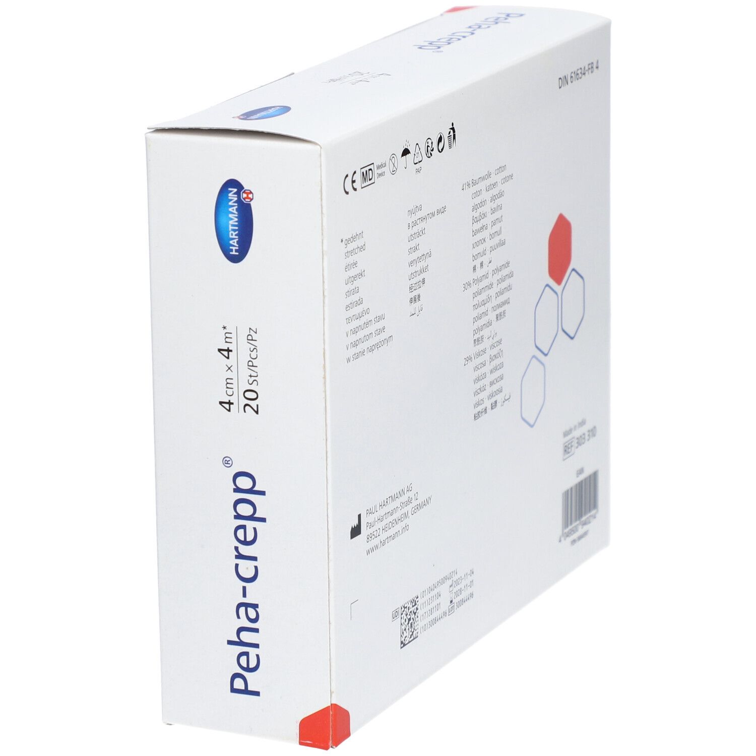 Schräg gestellte weiße Peha-crepp®-Verpackung. Enthält Informationen zu Inhaltsstoffen, Hersteller und Zertifizierungen.